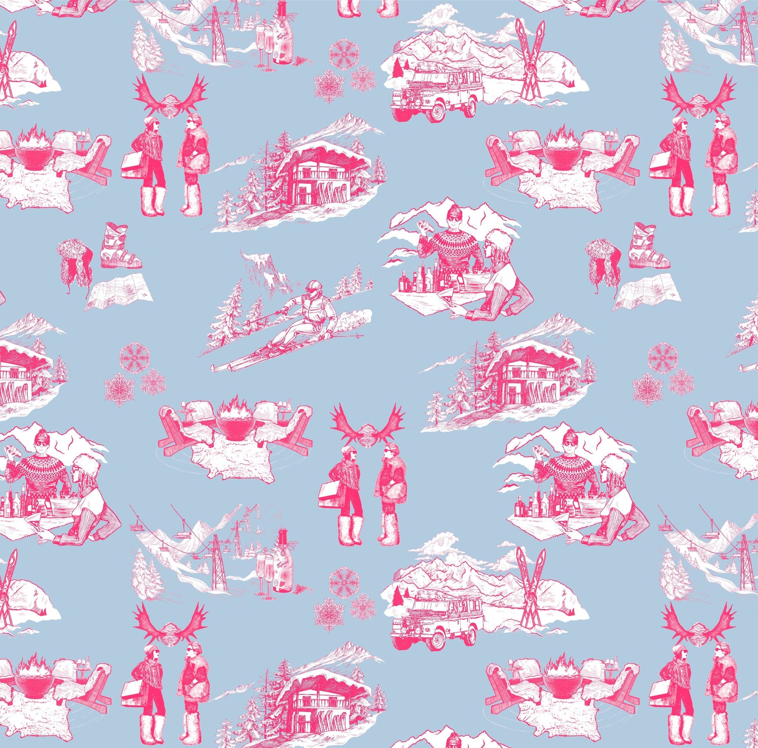 Après Ski Toile Peel and Stick Wallpaper in blue pink color - pattern number KK181_Blue_Pink_KH306 - by Katie Kime in the  collection