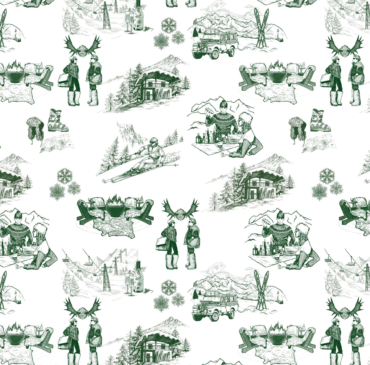 Apres Ski Toile Wallpaper in Hunter color - pattern number KK181_Hunter_KH300 - by Katie Kime in the collection