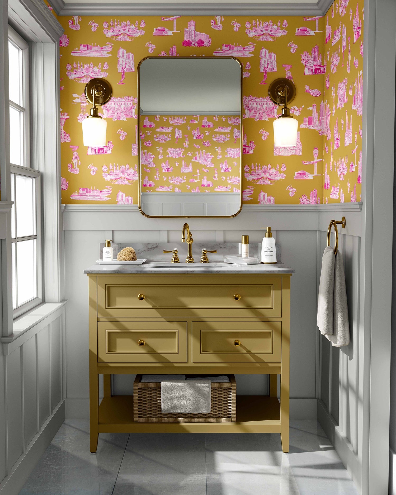 Atlanta Toile Wallpaper in gold pink color - pattern number KK761_Gold_Pink_KH300 - by Katie Kime in the  collection