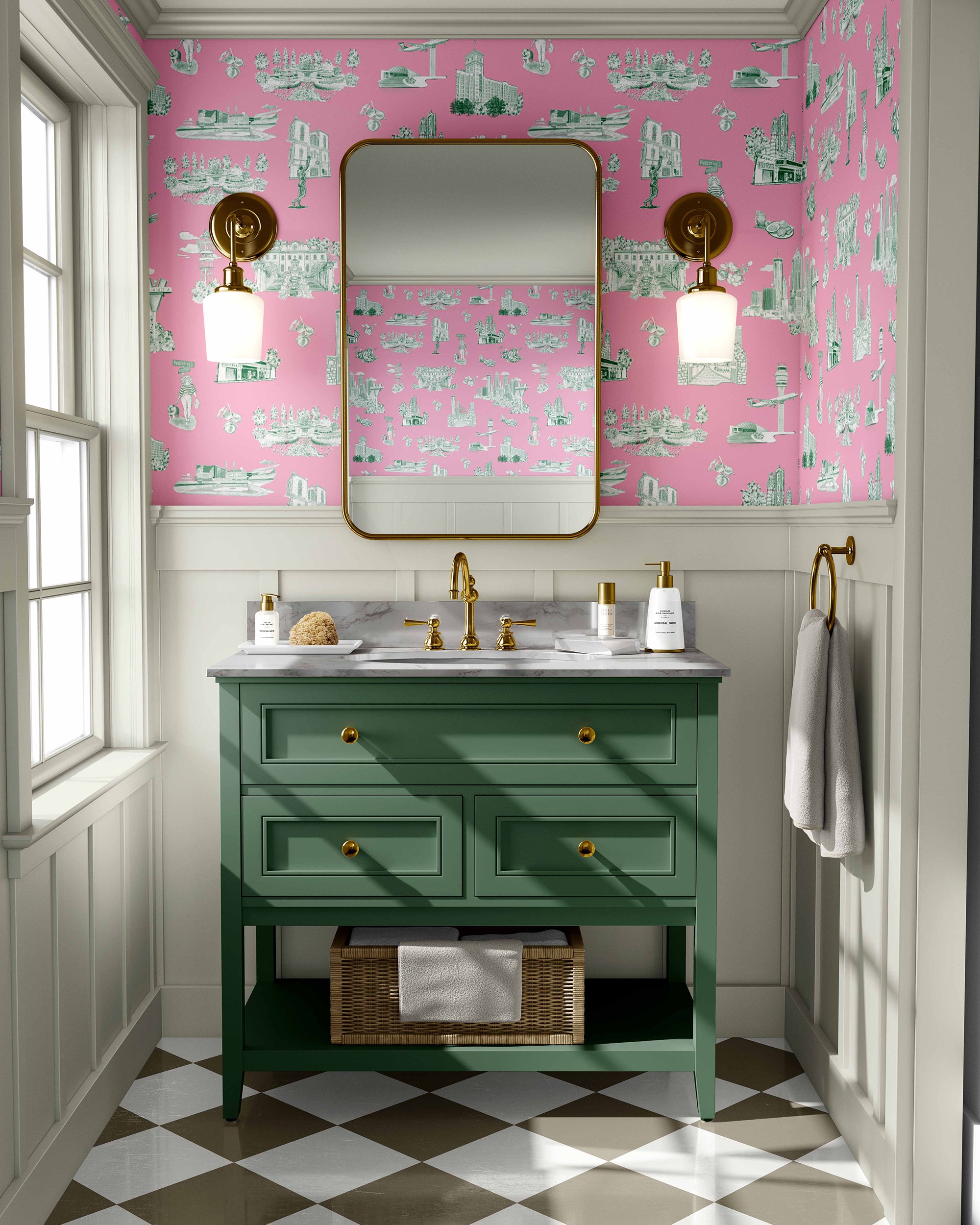 Atlanta Toile Wallpaper in pink green color - pattern number KK761_Pink_Green_KH300 - by Katie Kime in the  collection
