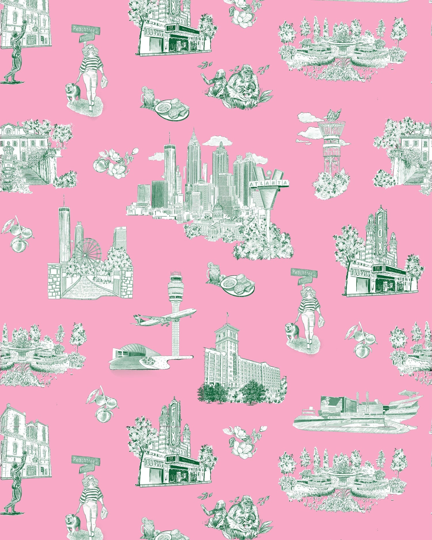 Atlanta Toile Peel and Stick Wallpaper in pink green color - pattern number KK761_Pink_Green_KH306 - by Katie Kime in the  collection