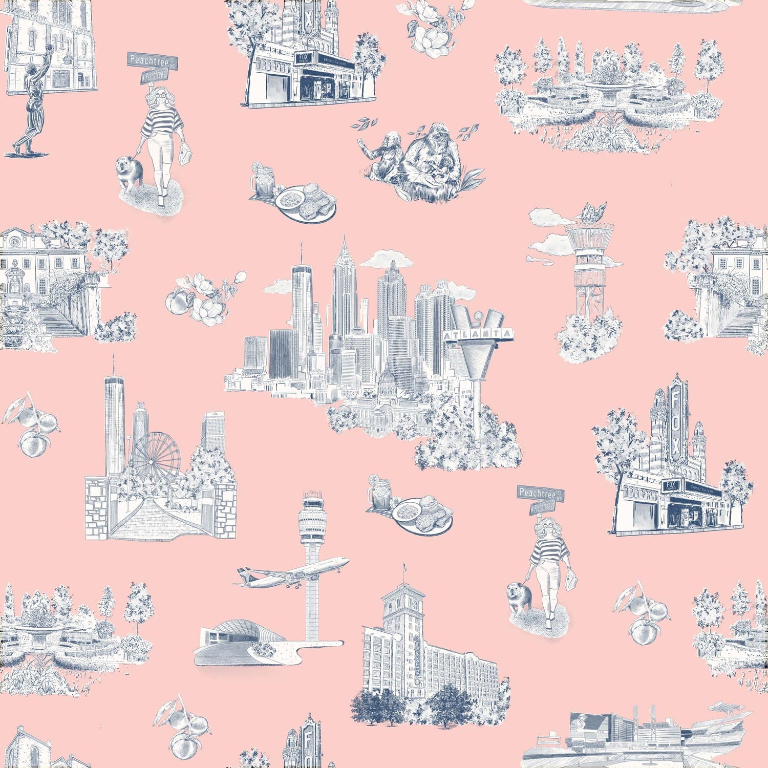 Atlanta Toile Wallpaper in pink navy color - pattern number KK761_Pink_Navy_KH300 - by Katie Kime in the  collection