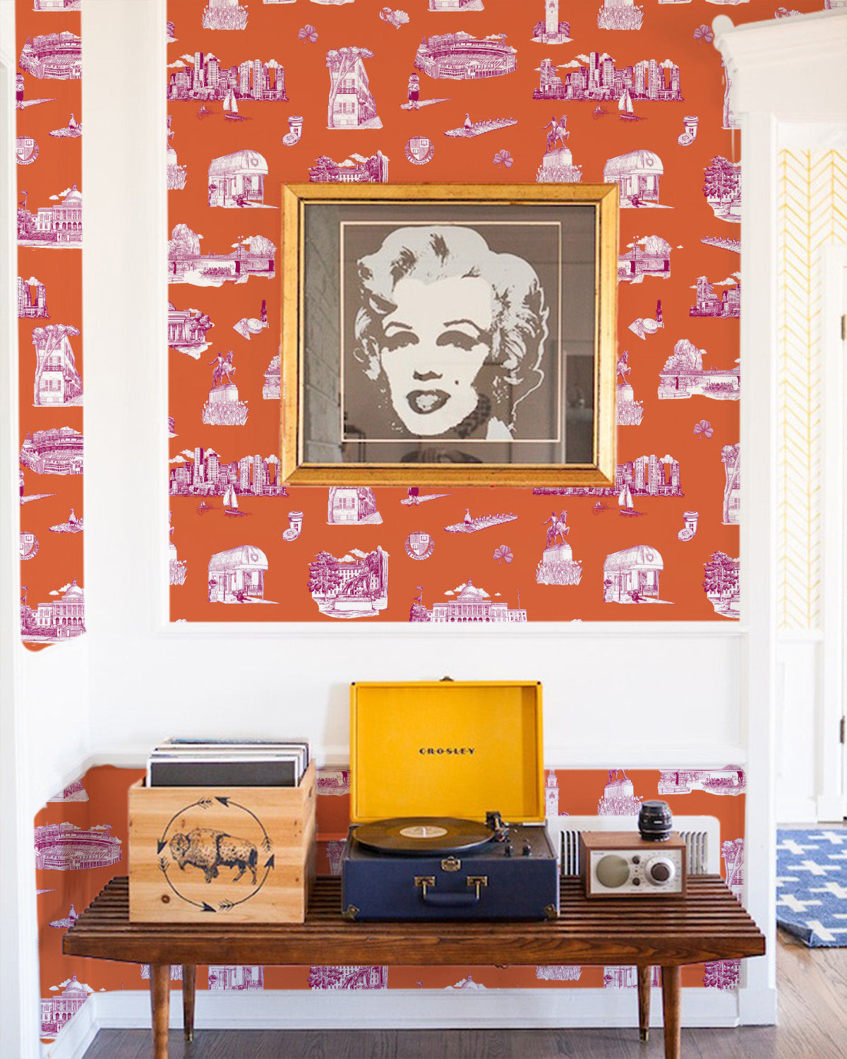 Boston Toile Wallpaper in orange magenta color - pattern number KK798_Orange_Magenta_KH300 - by Katie Kime in the  collection