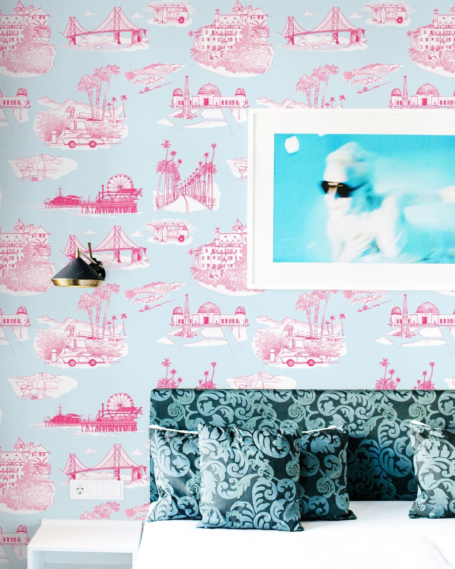 California Toile Peel and Stick Wallpaper in light blue pink color - pattern number KK707_Light_Blue_Pink_KH306 - by Katie Kime in the  collection