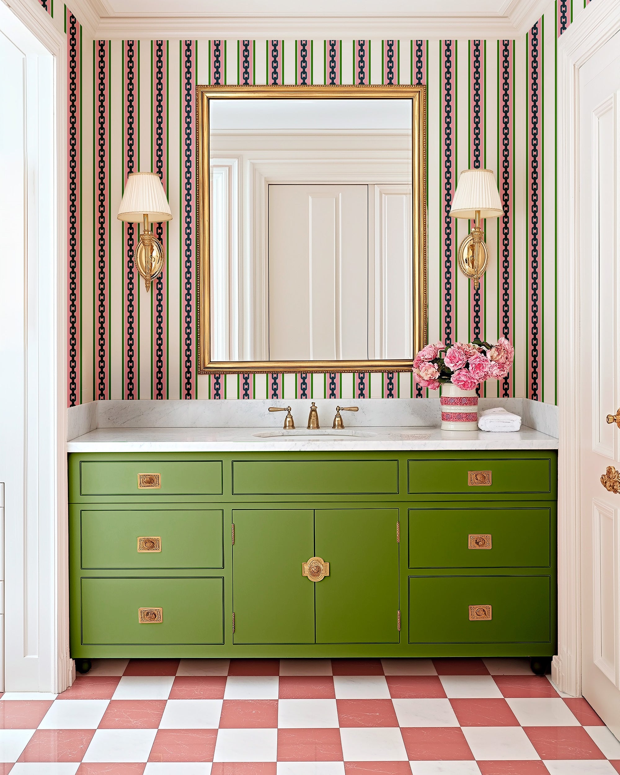 Chain Stripe Peel and Stick Wallpaper in pink color - pattern number KK809_Pink_KH306 - by Katie Kime in the  collection