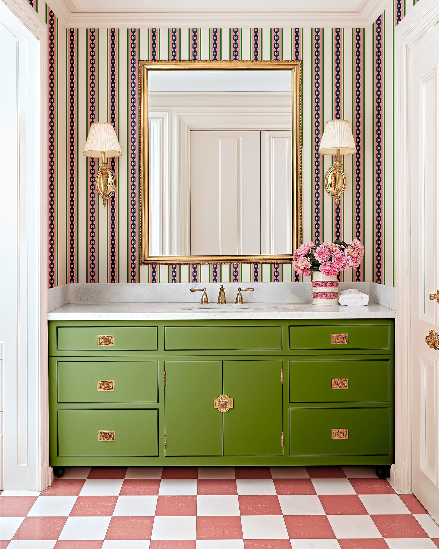 Chain Stripe Peel and Stick Wallpaper in pink color - pattern number KK809_Pink_KH306 - by Katie Kime in the  collection