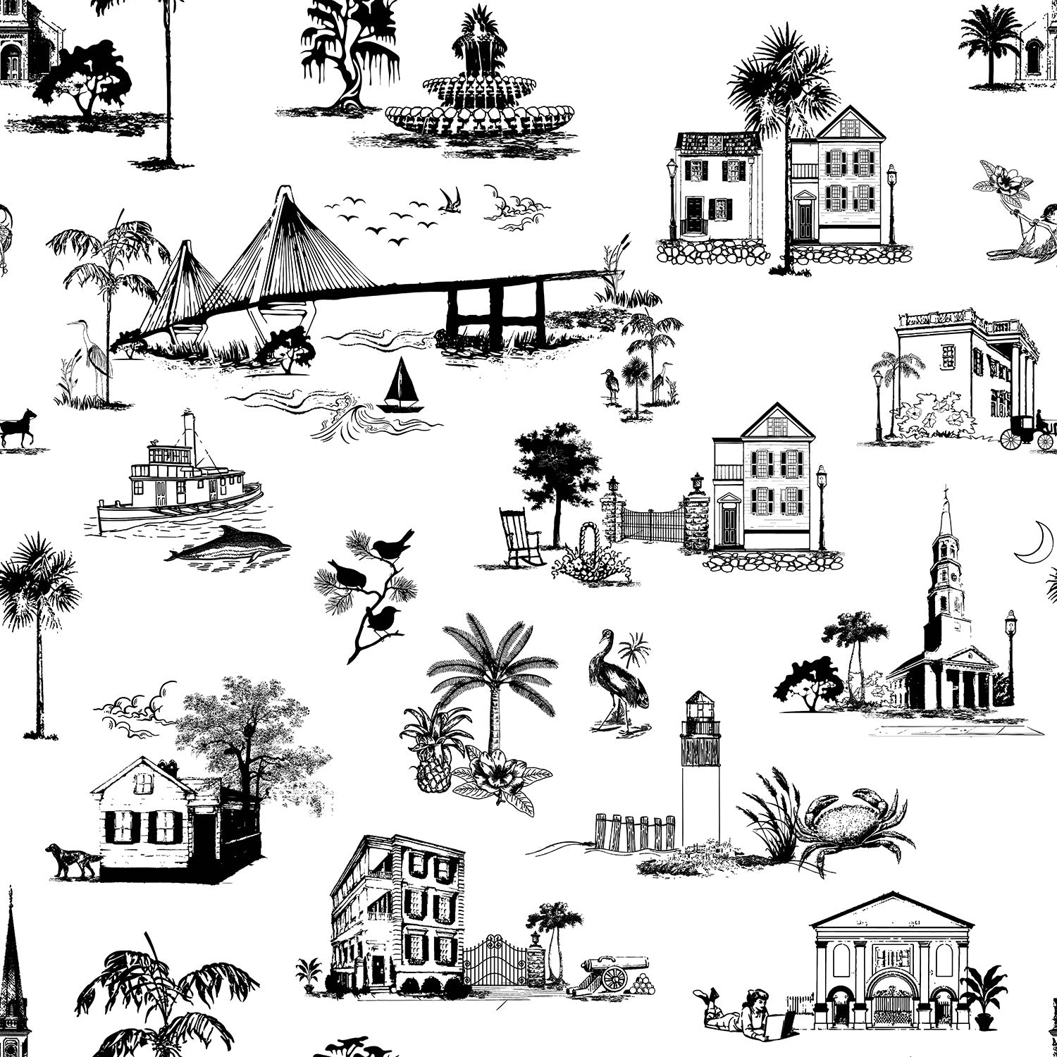 Charleston Toile Peel and Stick Wallpaper in black color - pattern number KK711_Black_KH306 - by Katie Kime in the  collection