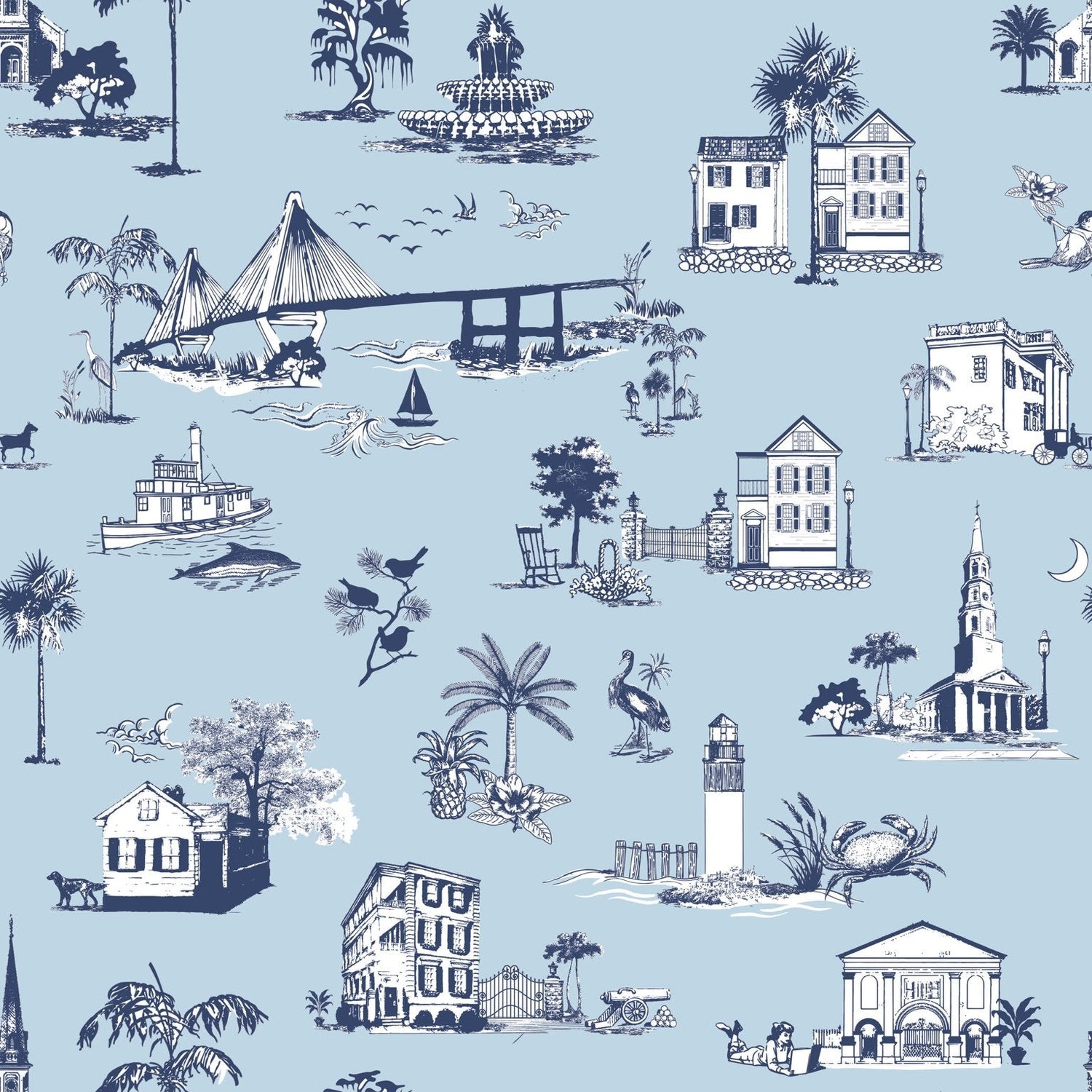 Charleston Toile Wallpaper in blue navy color - pattern number KK711_Blue Navy_KH300 - by Katie Kime in the  collection