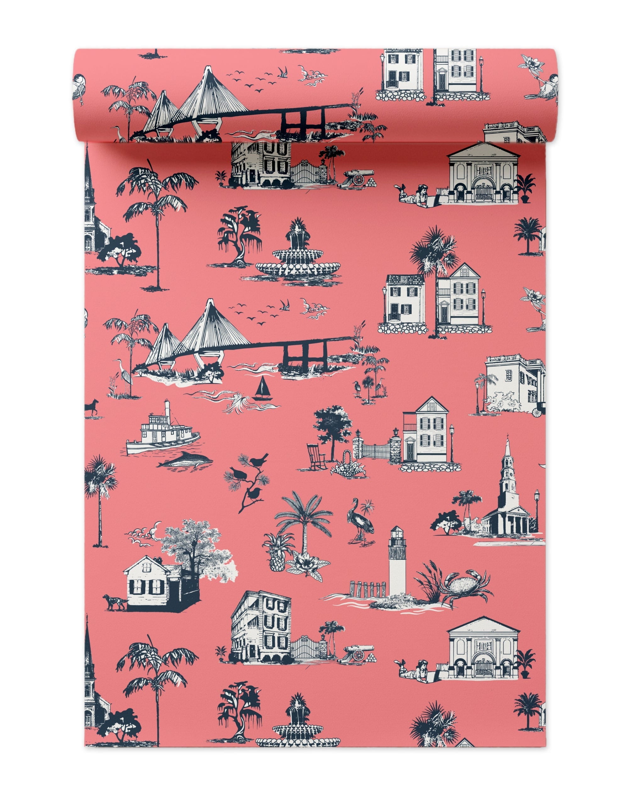 Charleston Toile Wallpaper in coral color - pattern number KK711_Coral_KH300 - by Katie Kime in the  collection