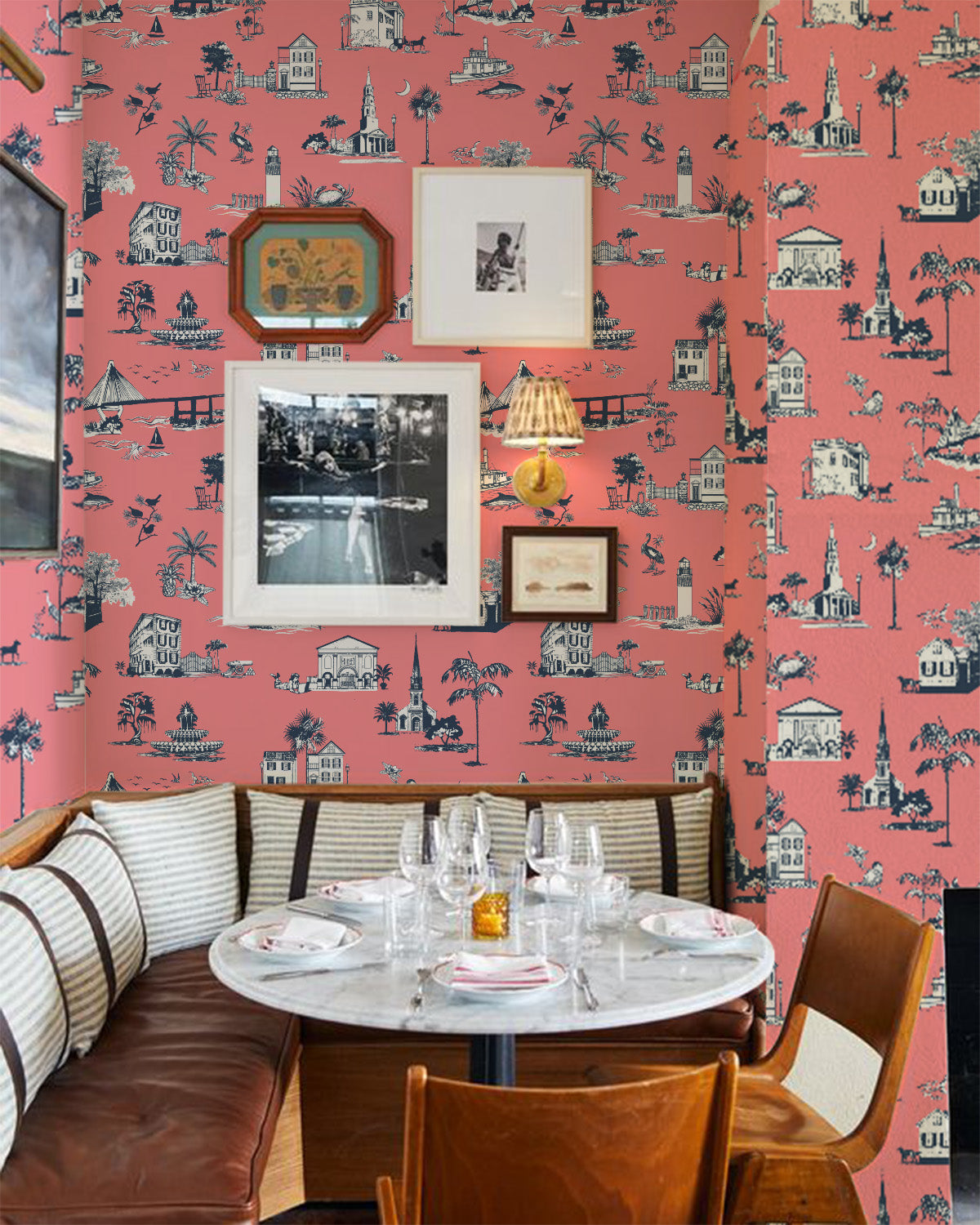 Charleston Toile Wallpaper in coral color - pattern number KK711_Coral_KH300 - by Katie Kime in the  collection