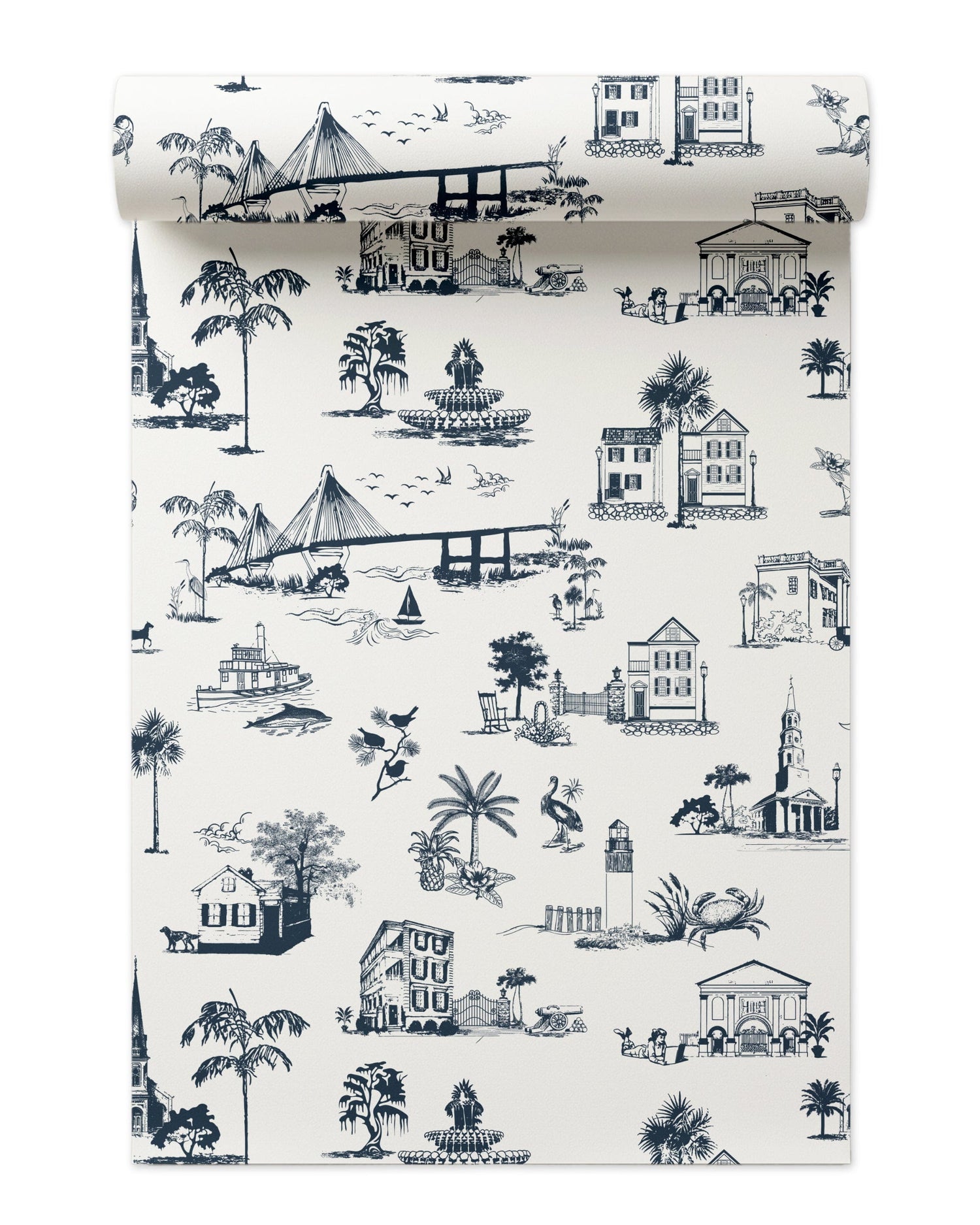 Charleston Toile Wallpaper in navy color - pattern number KK711_Navy_KH300 - by Katie Kime in the  collection