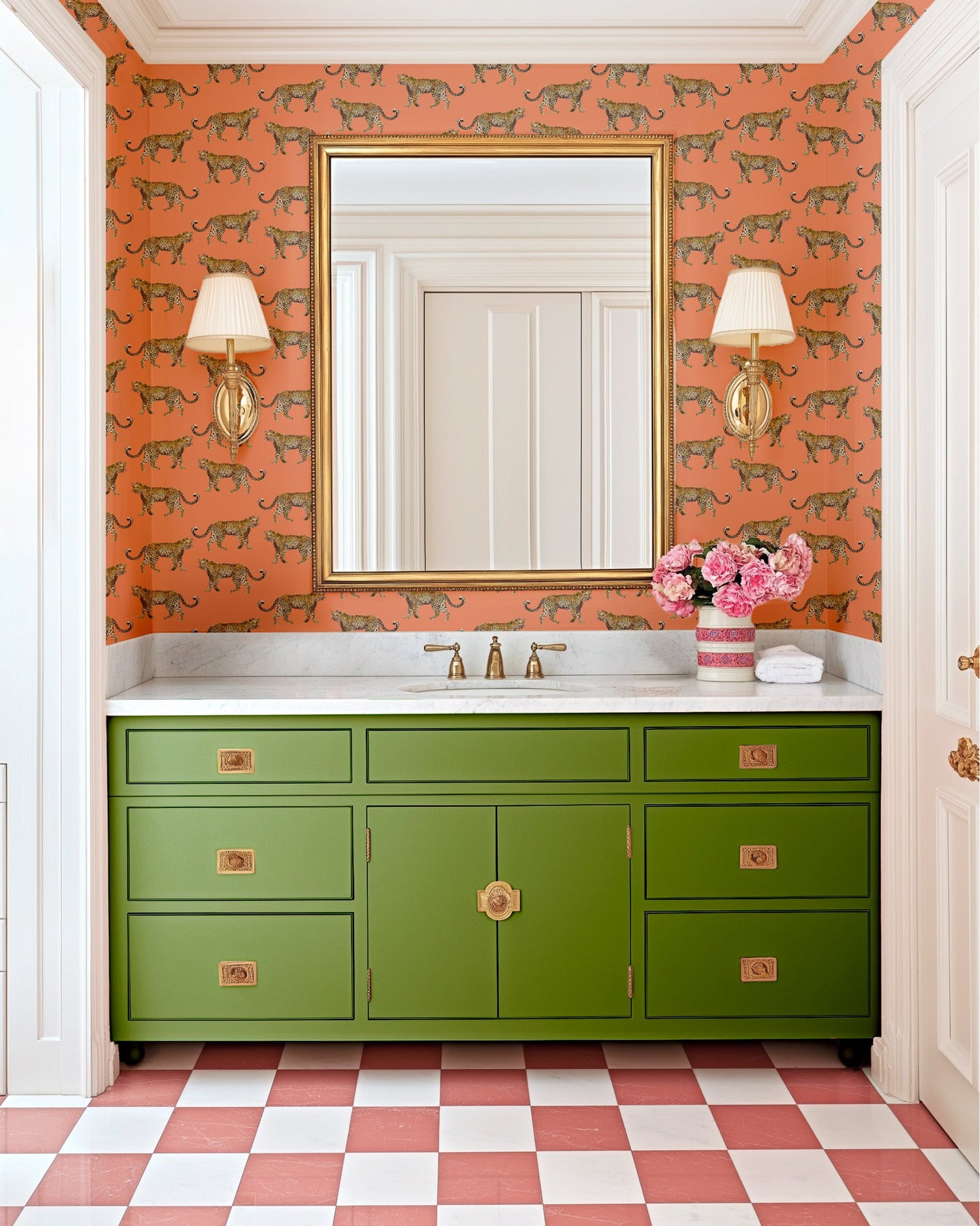 Cheetahs Peel and Stick Wallpaper in coral color - pattern number KK17076_Coral_KH306 - by Katie Kime in the  collection