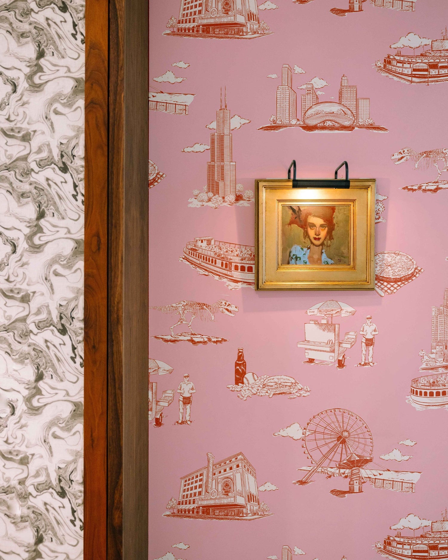 Chicago Toile Wallpaper in pink orange color - pattern number KK751_Pink_Orange_KH300 - by Katie Kime in the  collection
