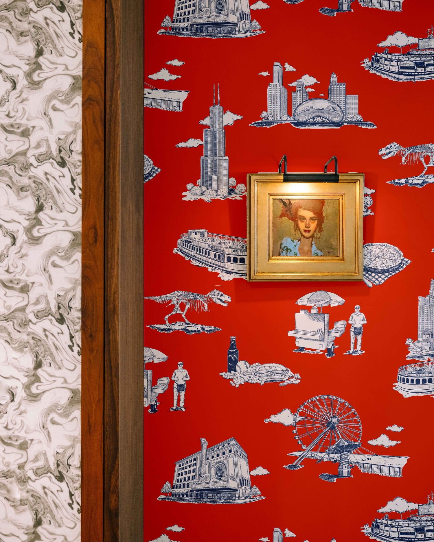 Chicago Toile Wallpaper in red navy color - pattern number KK751_Red_Navy_KH300 - by Katie Kime in the  collection