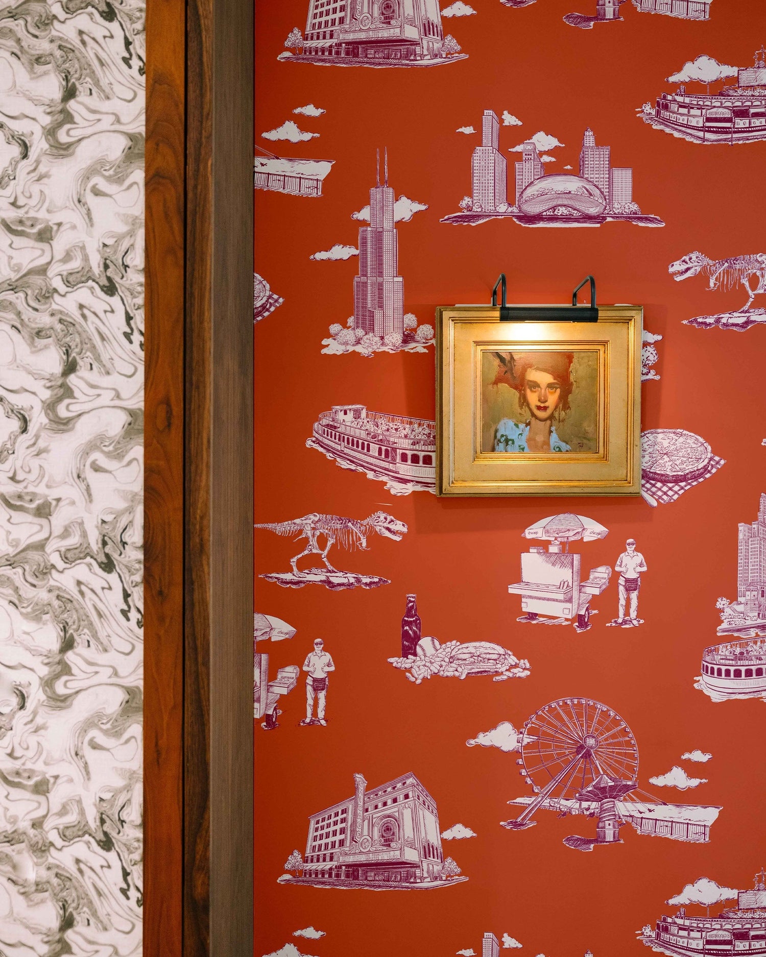 Chicago Toile Wallpaper in orange magenta color - pattern number KK751_Orange_Magenta_KH300 - by Katie Kime in the  collection