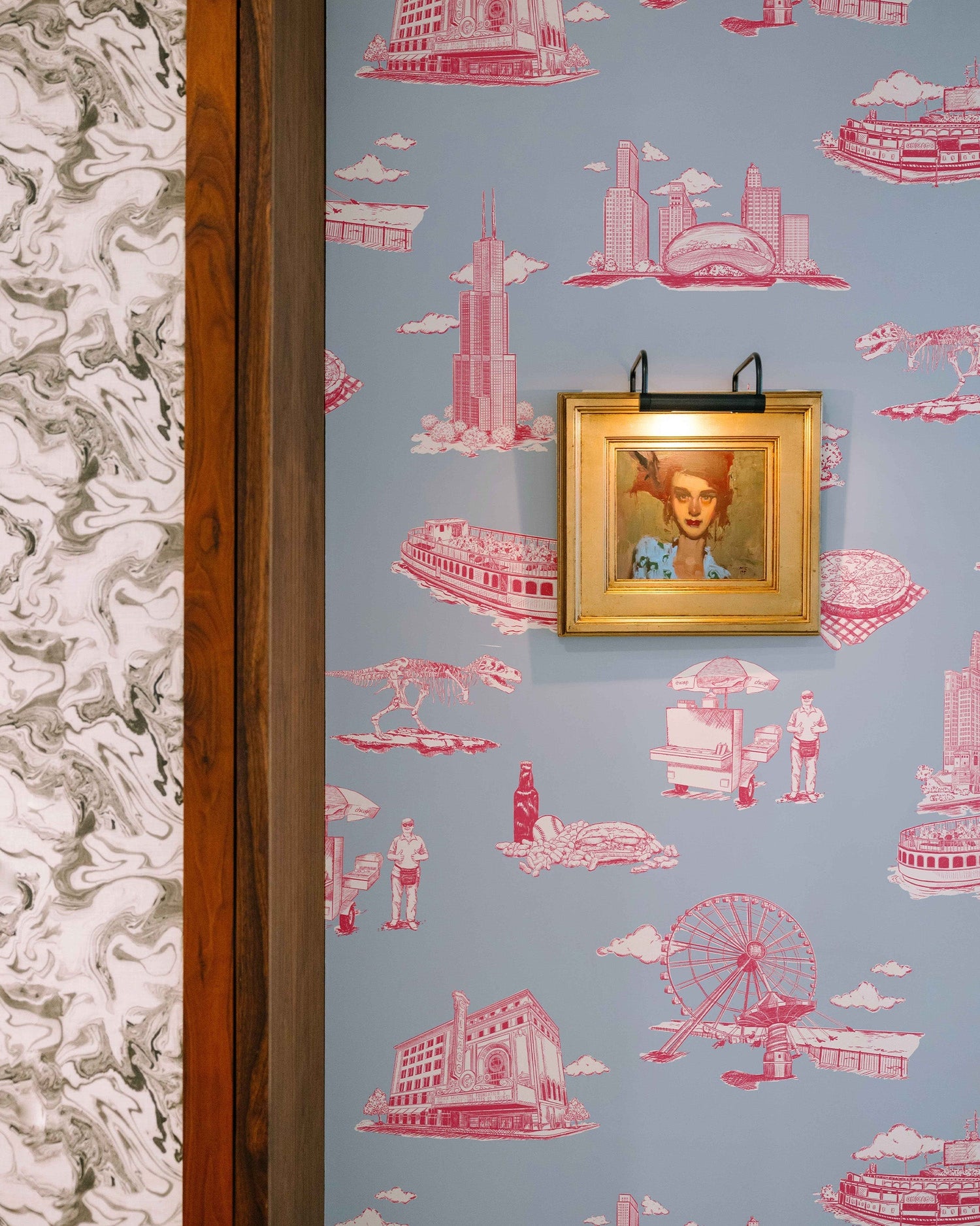 Chicago Toile Wallpaper in blue pink color - pattern number KK751_Blue_Pink_KH300 - by Katie Kime in the  collection