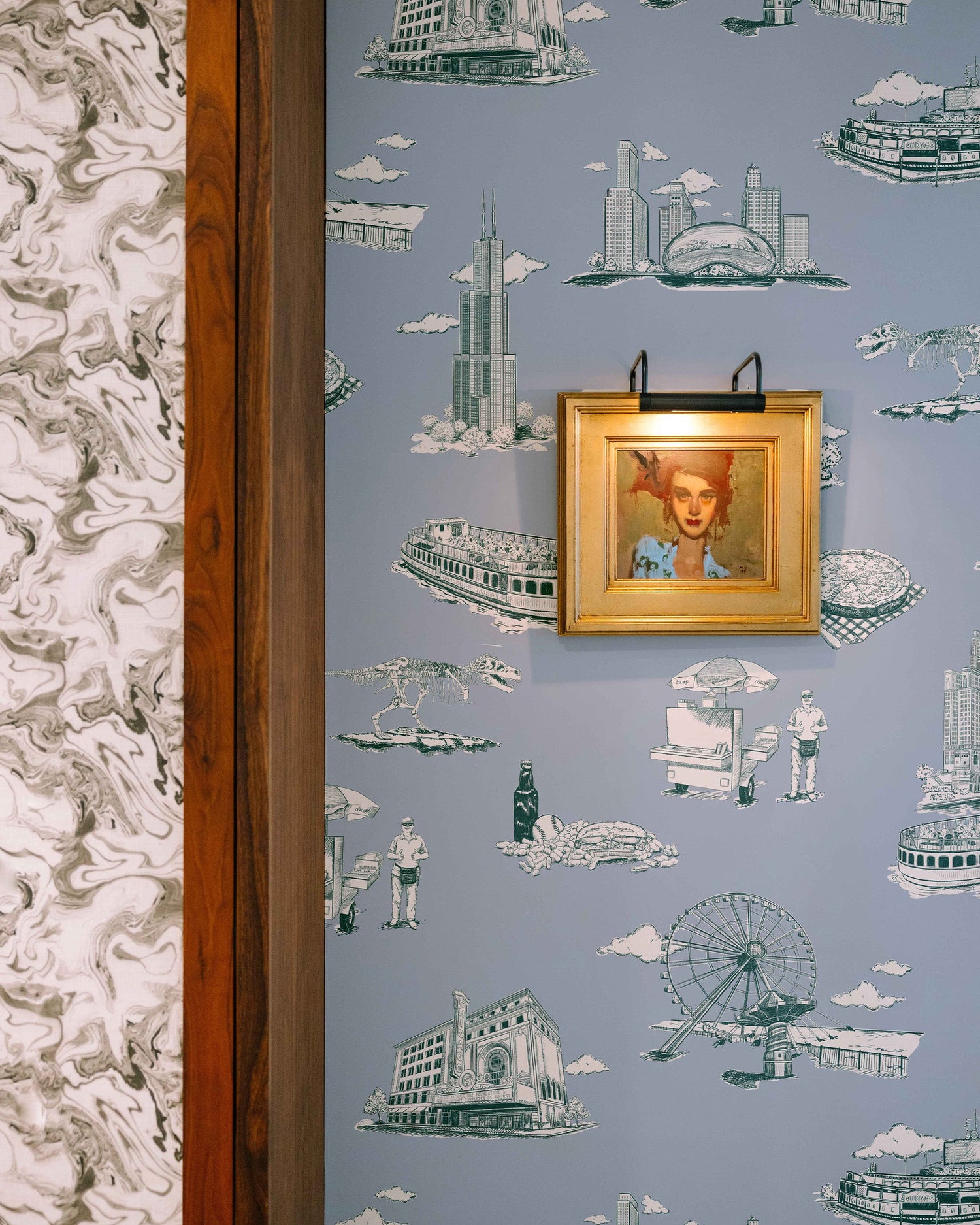 Chicago Toile Wallpaper in blue pine color - pattern number KK751_Blue_Pine_KH300 - by Katie Kime in the  collection