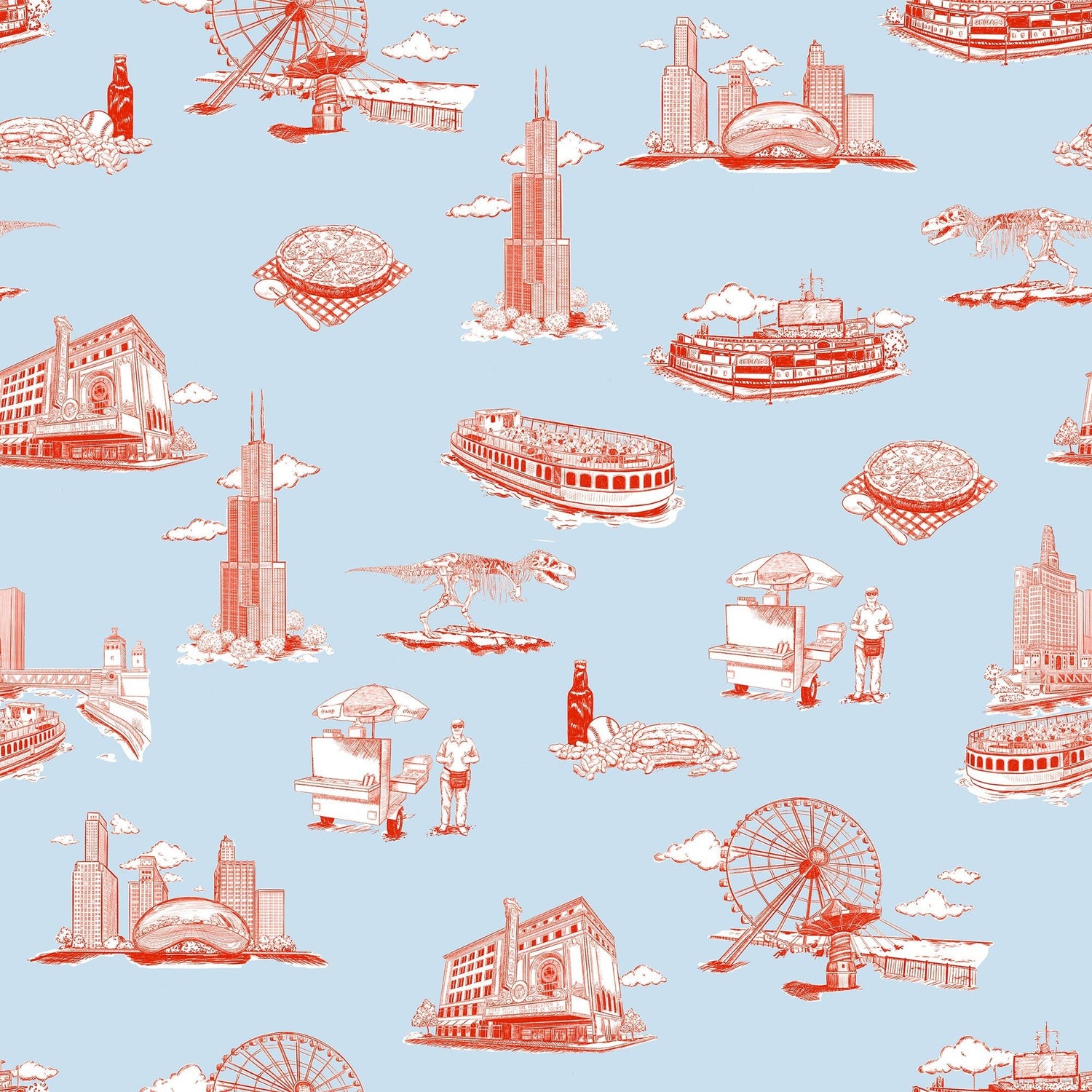 Chicago Toile Peel and Stick Wallpaper in light blue red color - pattern number KK751_Light_Blue_Red_KH306 - by Katie Kime in the  collection