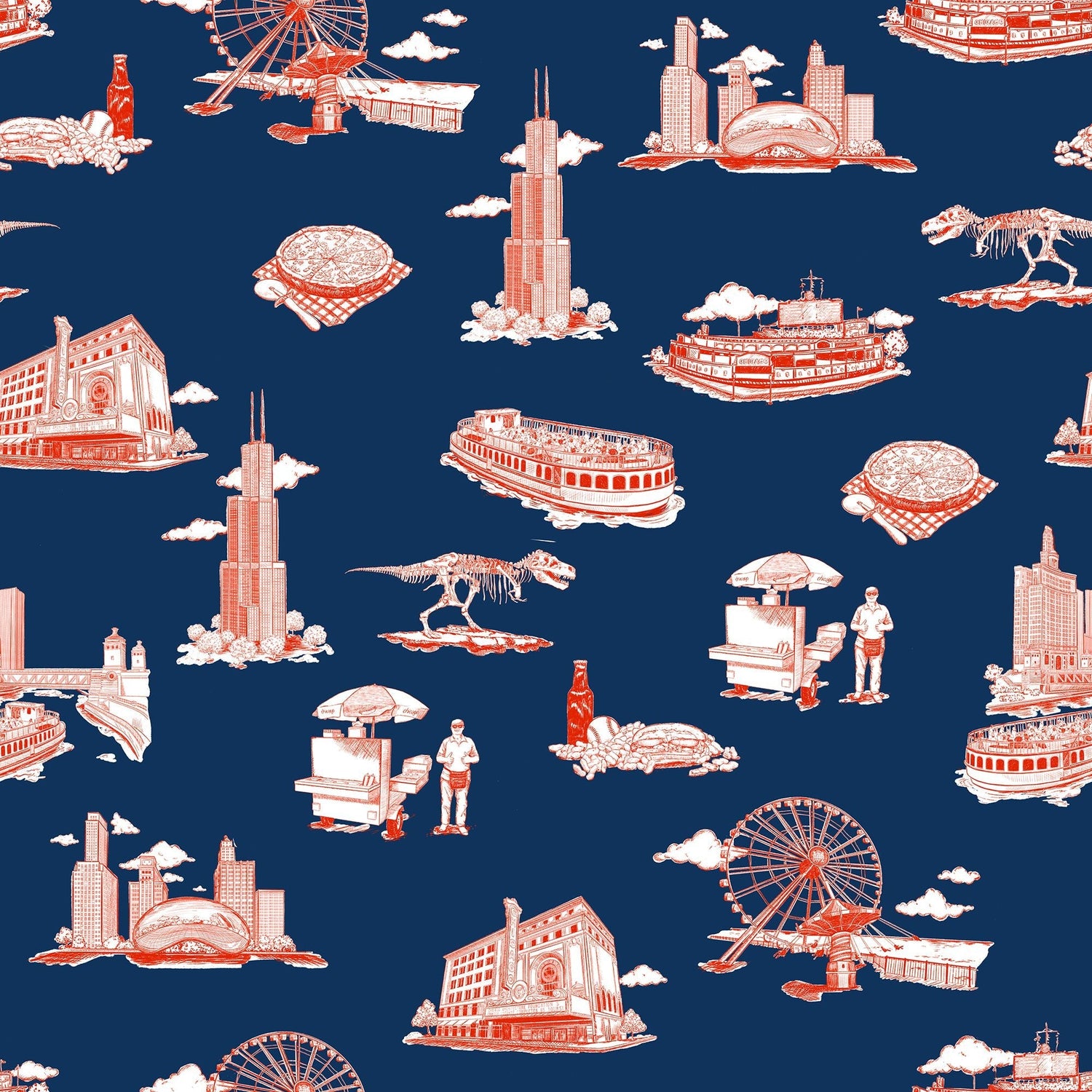Chicago Toile Peel and Stick Wallpaper in navy red color - pattern number KK751_Navy_Red_KH306 - by Katie Kime in the  collection