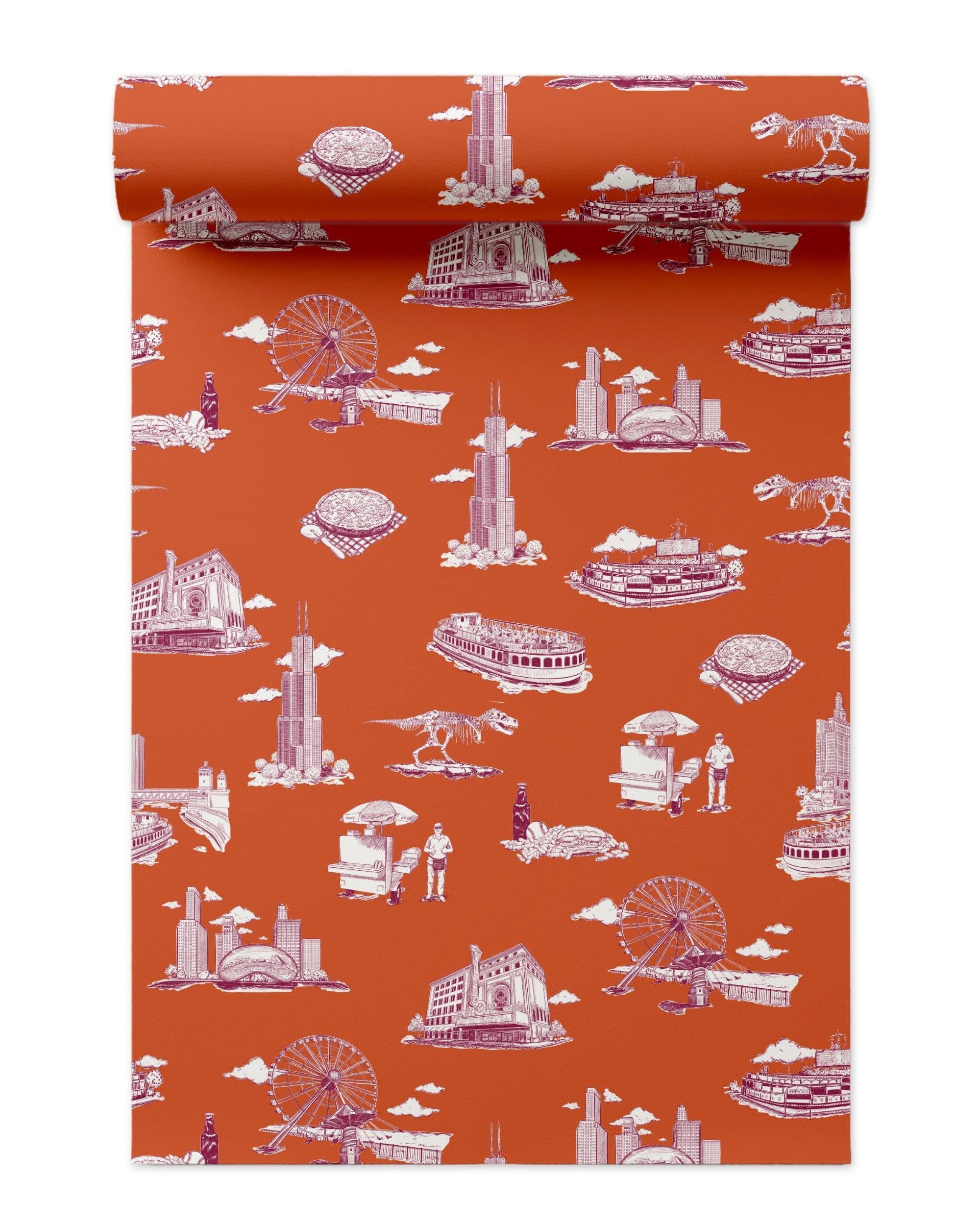 Chicago Toile Wallpaper in orange magenta color - pattern number KK751_Orange_Magenta_KH300 - by Katie Kime in the  collection