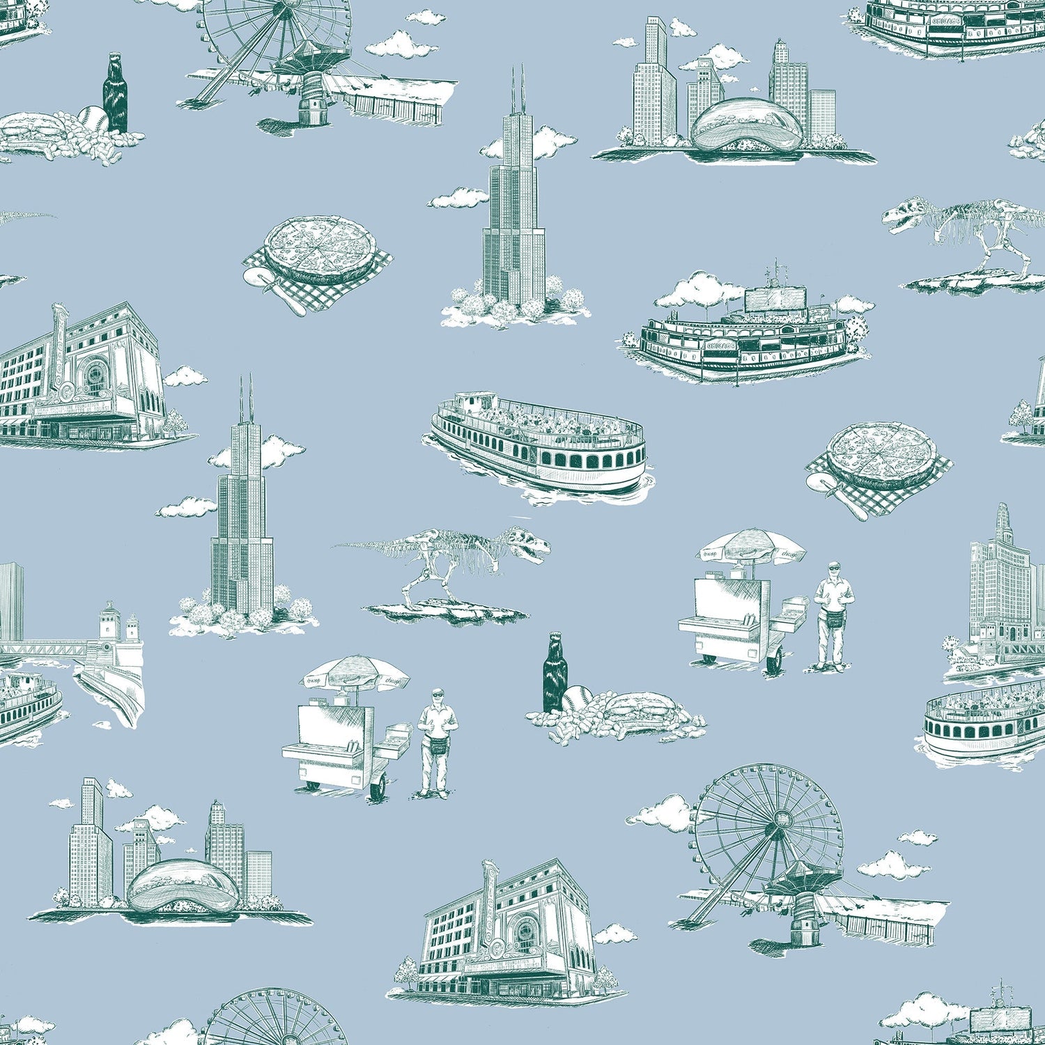Chicago Toile Wallpaper in blue pine color - pattern number KK751_Blue_Pine_KH300 - by Katie Kime in the  collection
