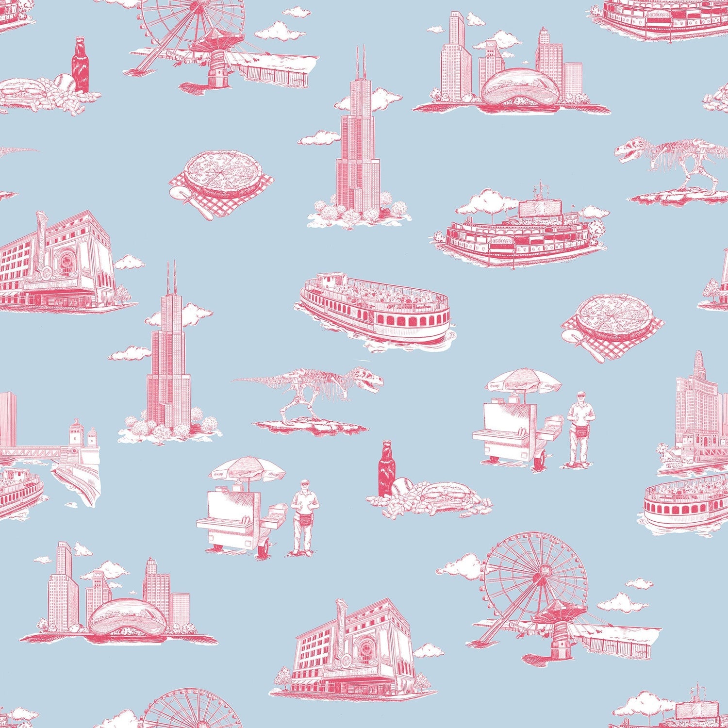 Chicago Toile Wallpaper in blue pink color - pattern number KK751_Blue_Pink_KH300 - by Katie Kime in the  collection