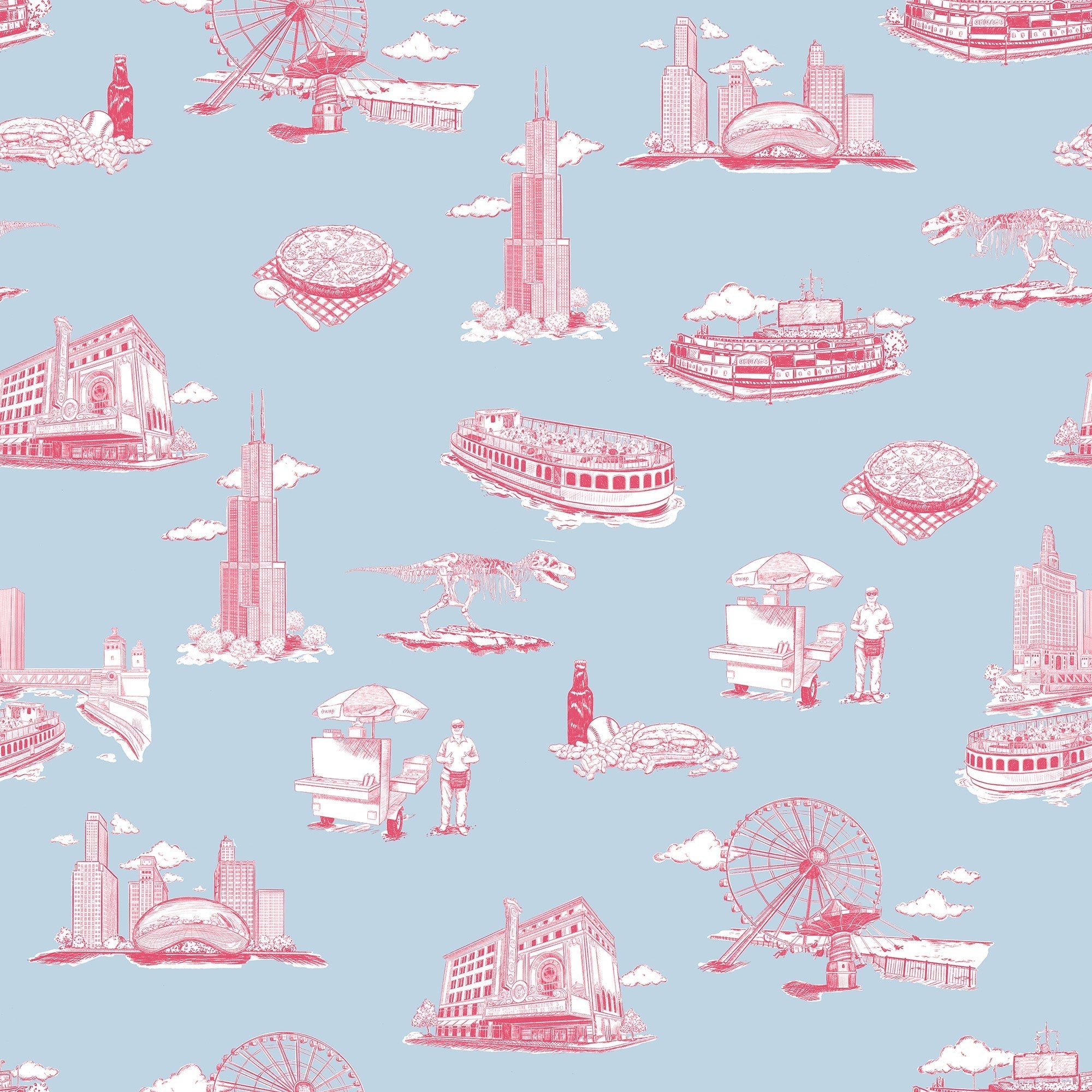 Chicago Toile Wallpaper in blue pink color - pattern number KK751_Blue_Pink_KH300 - by Katie Kime in the  collection