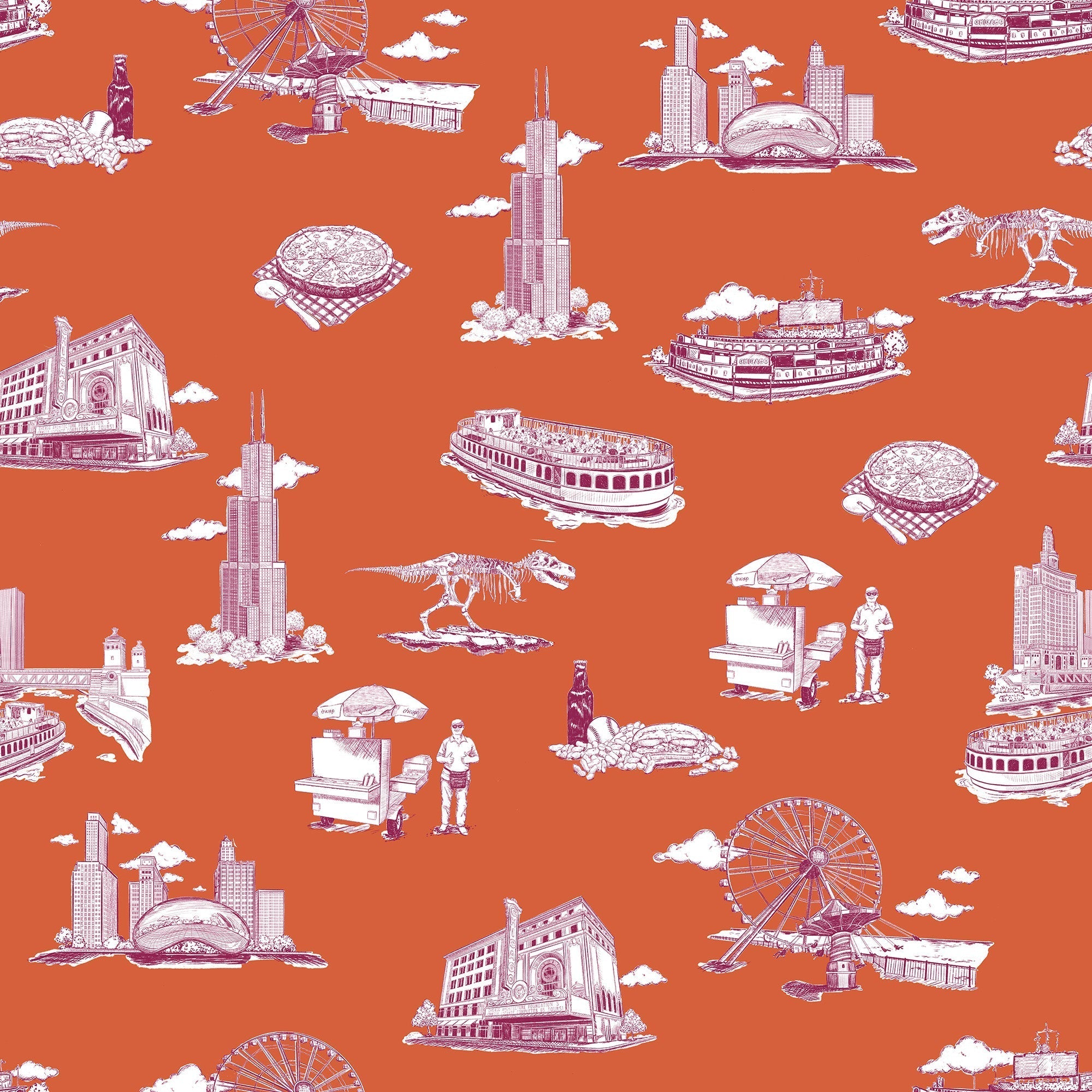 Chicago Toile Wallpaper in orange magenta color - pattern number KK751_Orange_Magenta_KH300 - by Katie Kime in the  collection