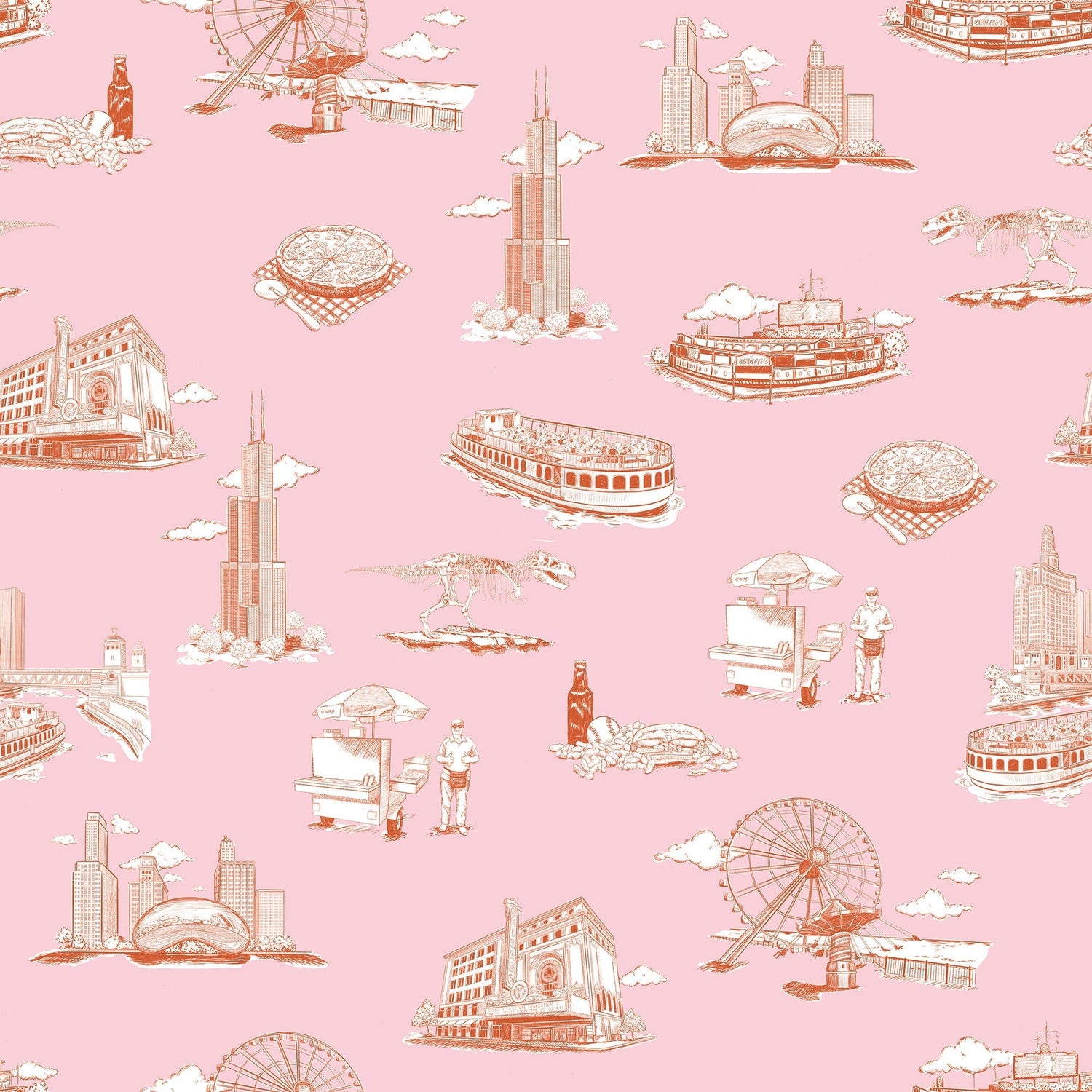 Chicago Toile Wallpaper in pink orange color - pattern number KK751_Pink_Orange_KH300 - by Katie Kime in the  collection