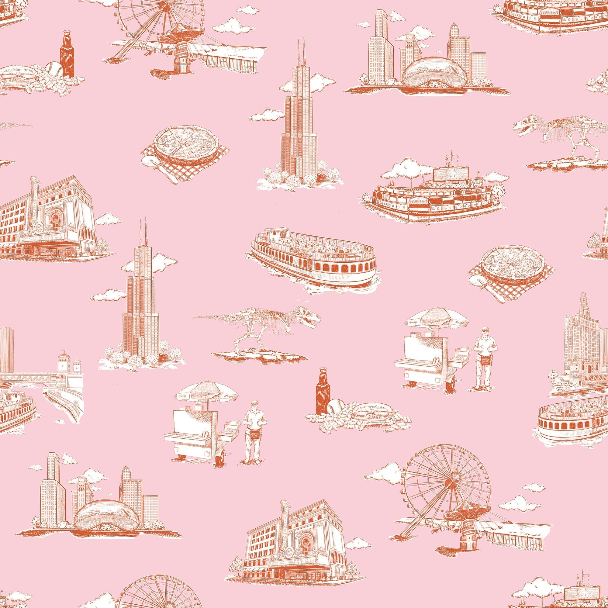 Chicago Toile Wallpaper in pink orange color - pattern number KK751_Pink_Orange_KH300 - by Katie Kime in the  collection