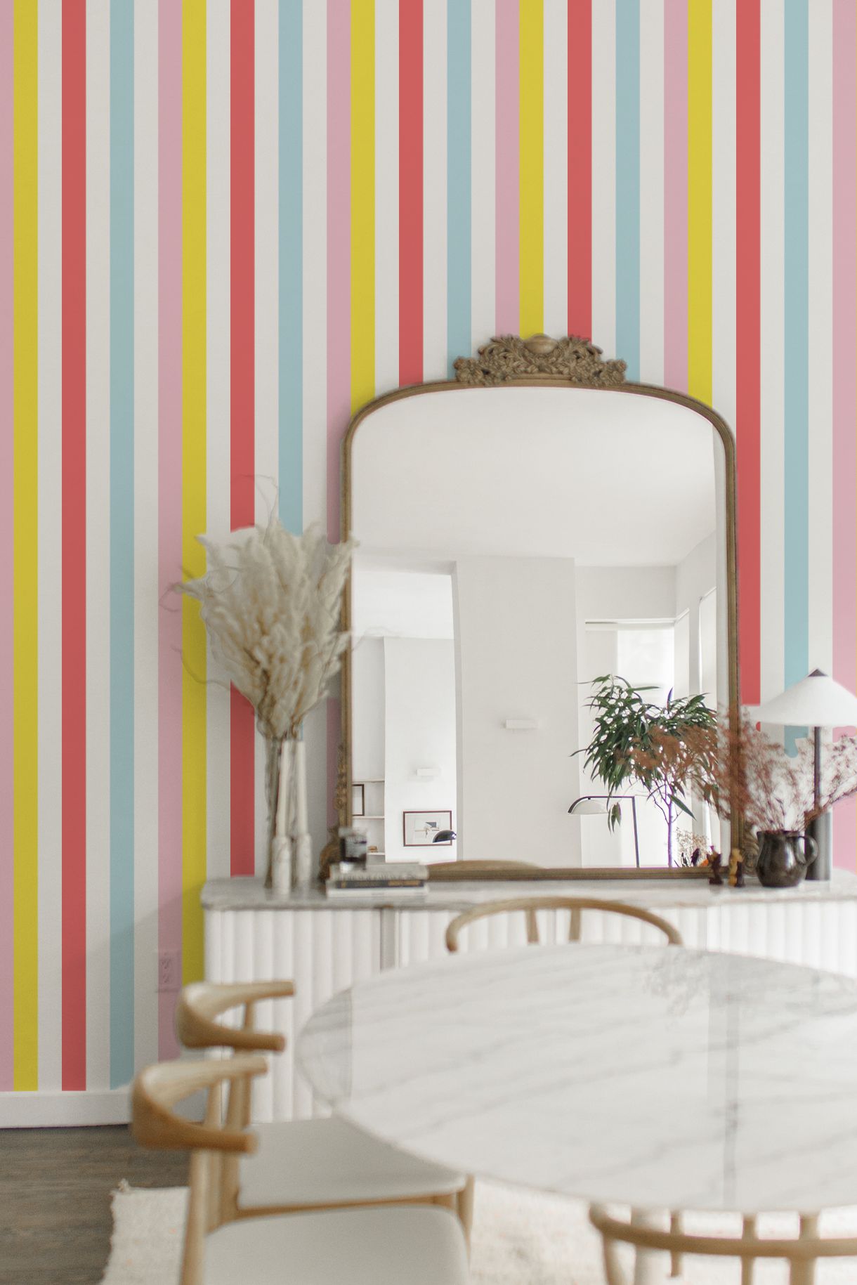 Cottage Stripes Peel and Stick Wallpaper in blue color - pattern number KK17042_Blue_KH306 - by Katie Kime in the  collection
