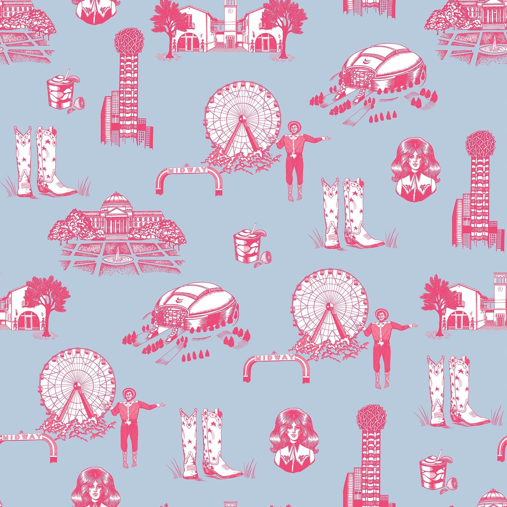 Dallas Toile Peel and Stick Wallpaper in blue pink color - pattern number KK17138_Blue_Pink_KH306 - by Katie Kime in the  collection