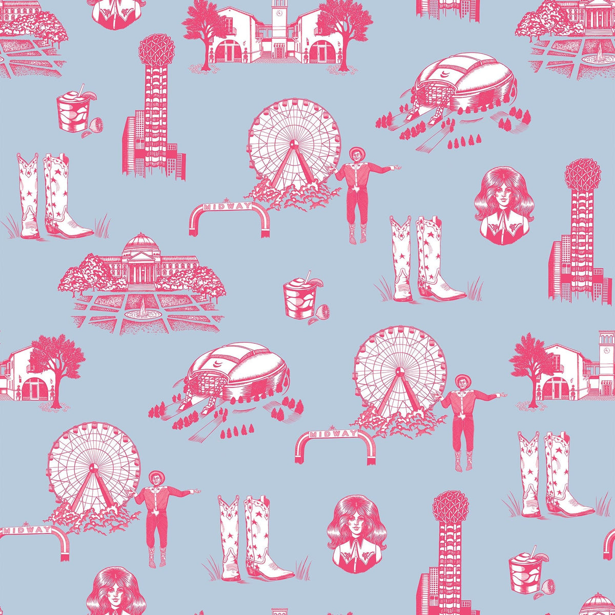Dallas Toile Wallpaper in Blue Pink color - pattern number KK17138_Blue_Pink_KH300 - by Katie Kime in the collection