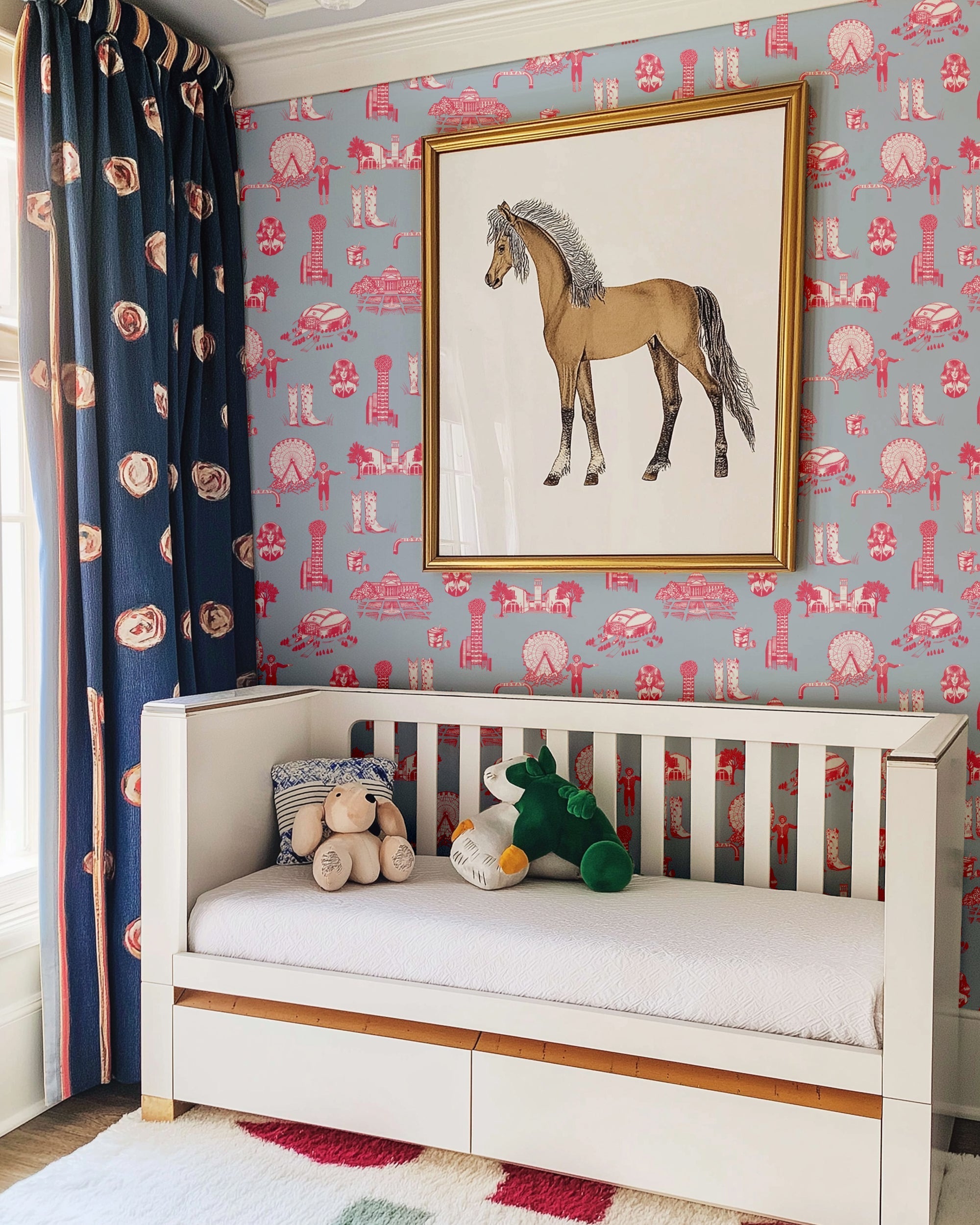 Dallas Toile Peel and Stick Wallpaper in blue pink color - pattern number KK17138_Blue_Pink_KH306 - by Katie Kime in the  collection