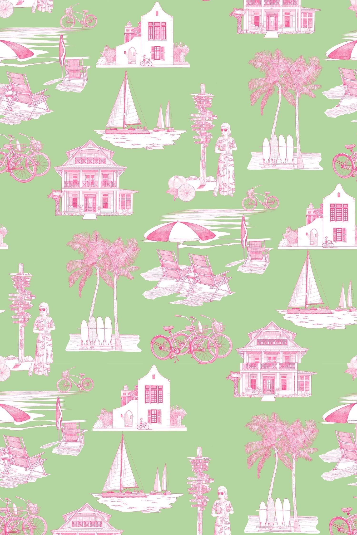 Florida Toile Wallpaper in green pink color - pattern number KK706_Green_Pink_KH300 - by Katie Kime in the  collection