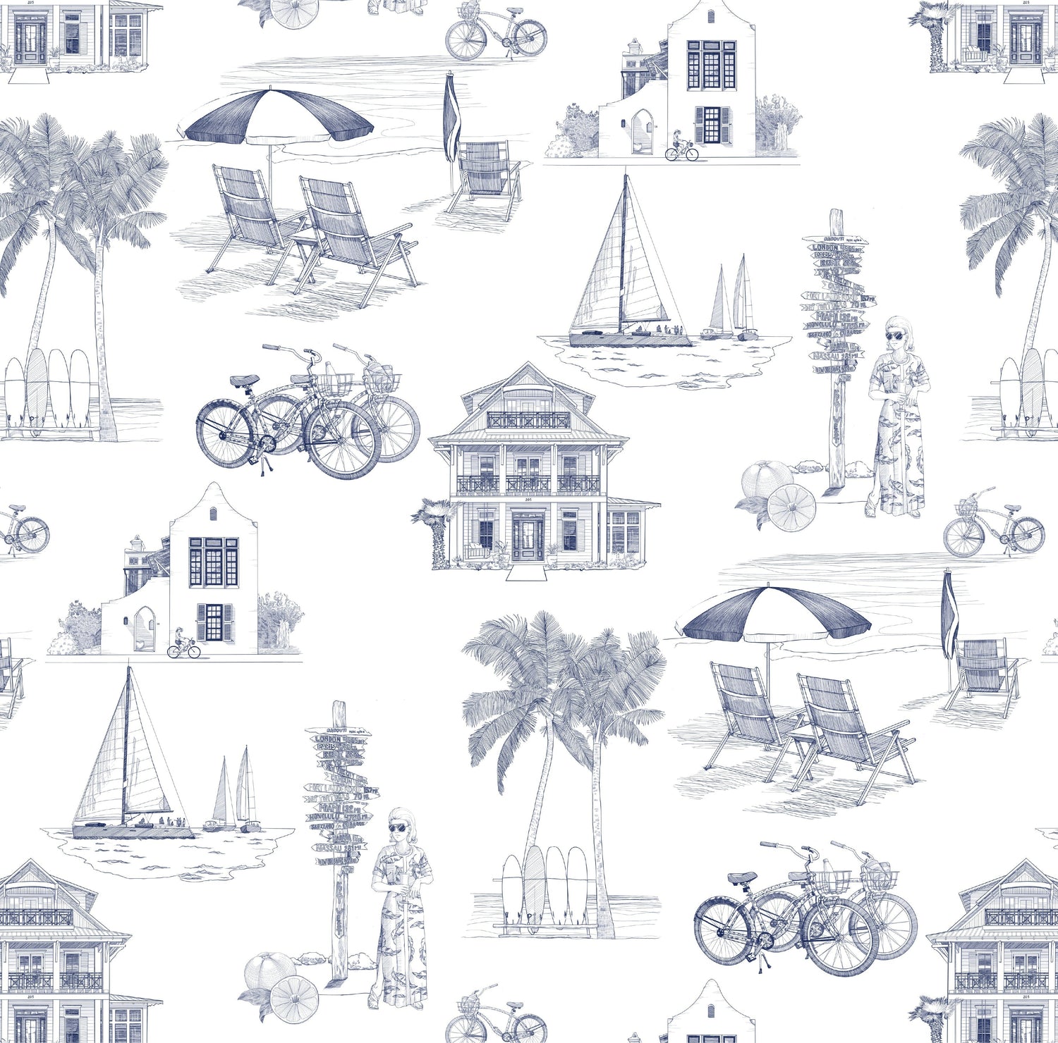 Florida Toile Wallpaper in navy color - pattern number KK706_Navy_KH300 - by Katie Kime in the  collection