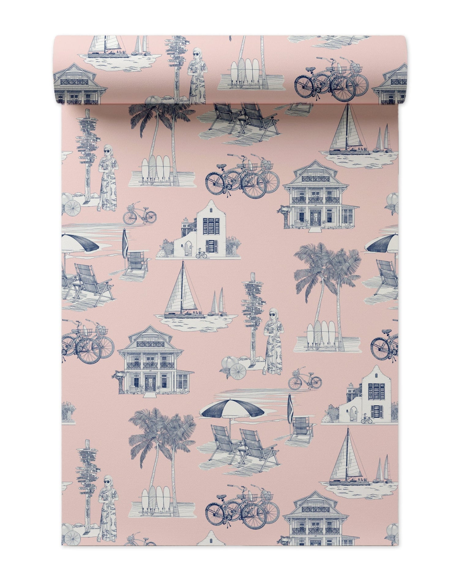 Florida Toile Peel and Stick Wallpaper in pink navy color - pattern number KK706_Pink_Navy_KH306 - by Katie Kime in the  collection