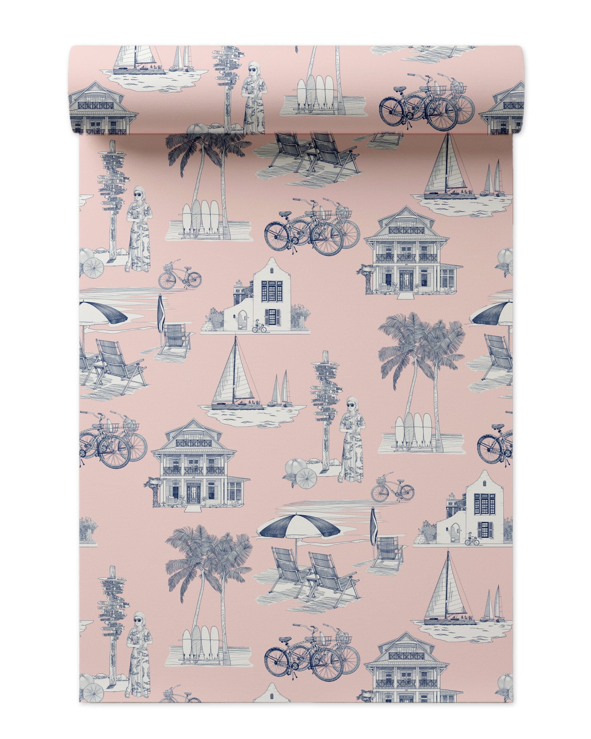 Florida Toile Peel and Stick Wallpaper in pink navy color - pattern number KK706_Pink_Navy_KH306 - by Katie Kime in the  collection