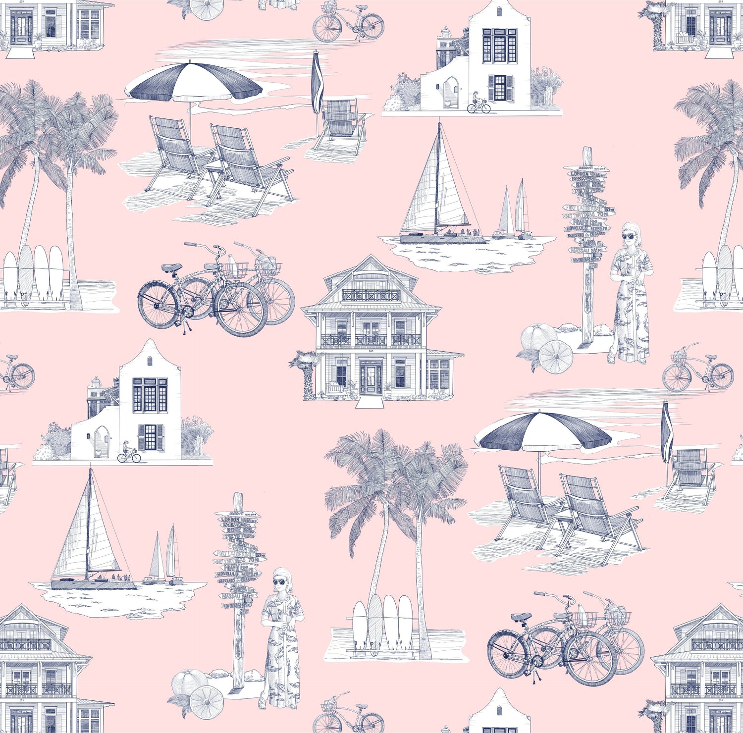 Florida Toile Wallpaper in pink navy color - pattern number KK706_Pink_Navy_KH300 - by Katie Kime in the  collection