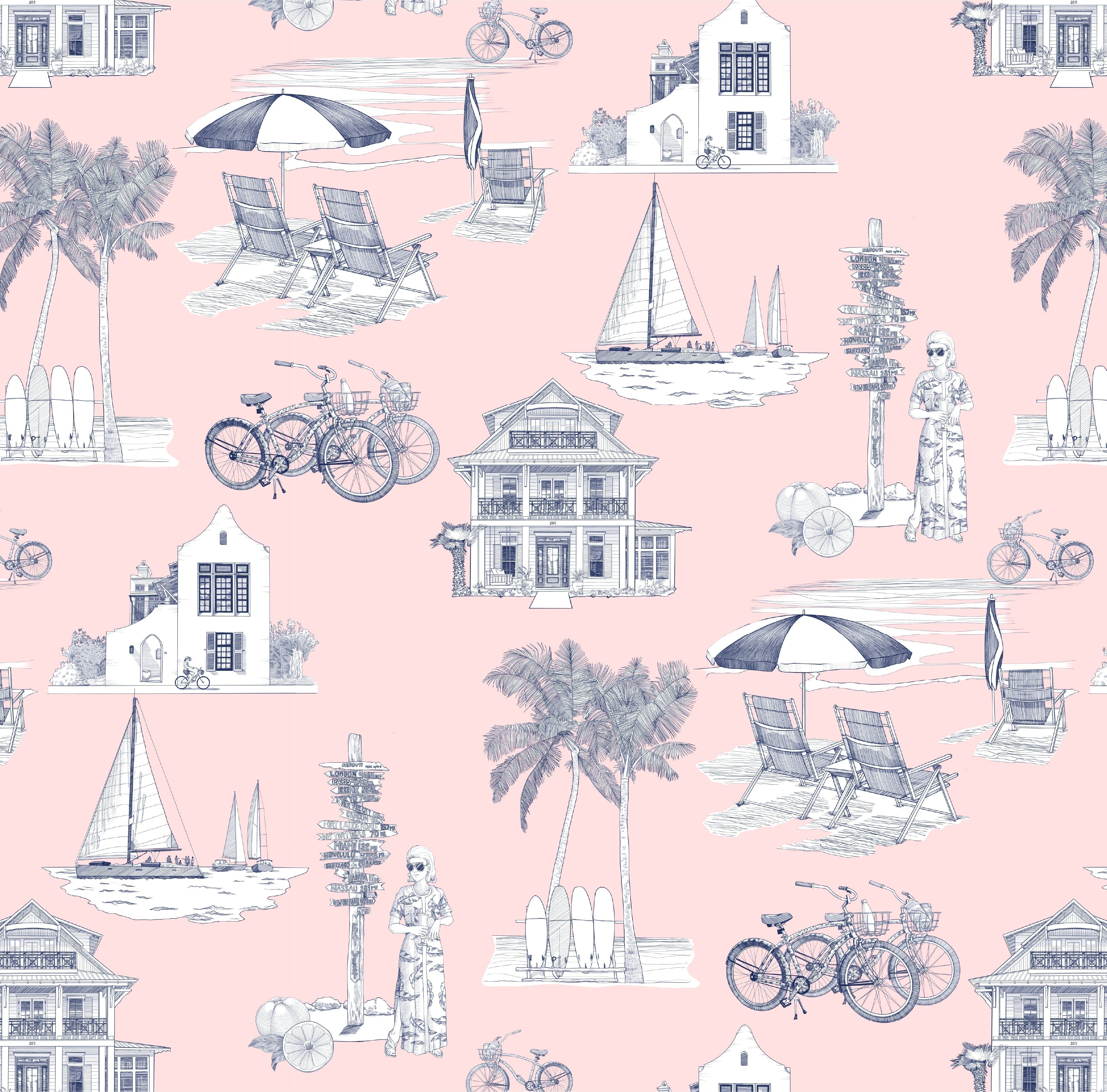 Florida Toile Wallpaper in pink navy color - pattern number KK706_Pink_Navy_KH300 - by Katie Kime in the  collection