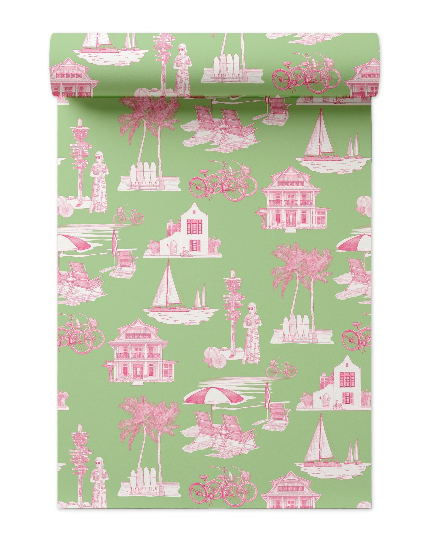Florida Toile Peel and Stick Wallpaper in green pink color - pattern number KK706_Green_Pink_KH306 - by Katie Kime in the  collection