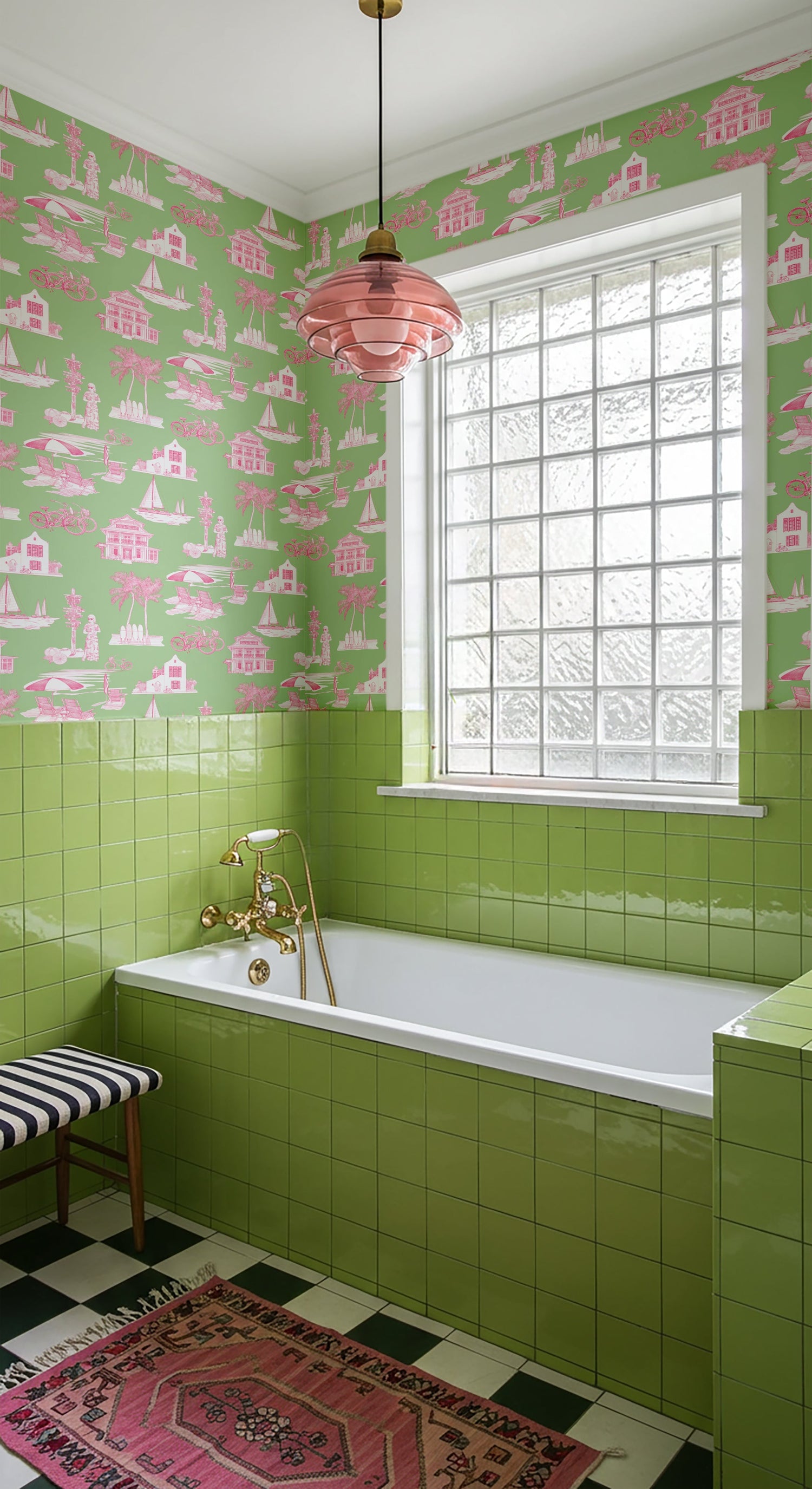 Florida Toile Peel and Stick Wallpaper in green pink color - pattern number KK706_Green_Pink_KH306 - by Katie Kime in the  collection