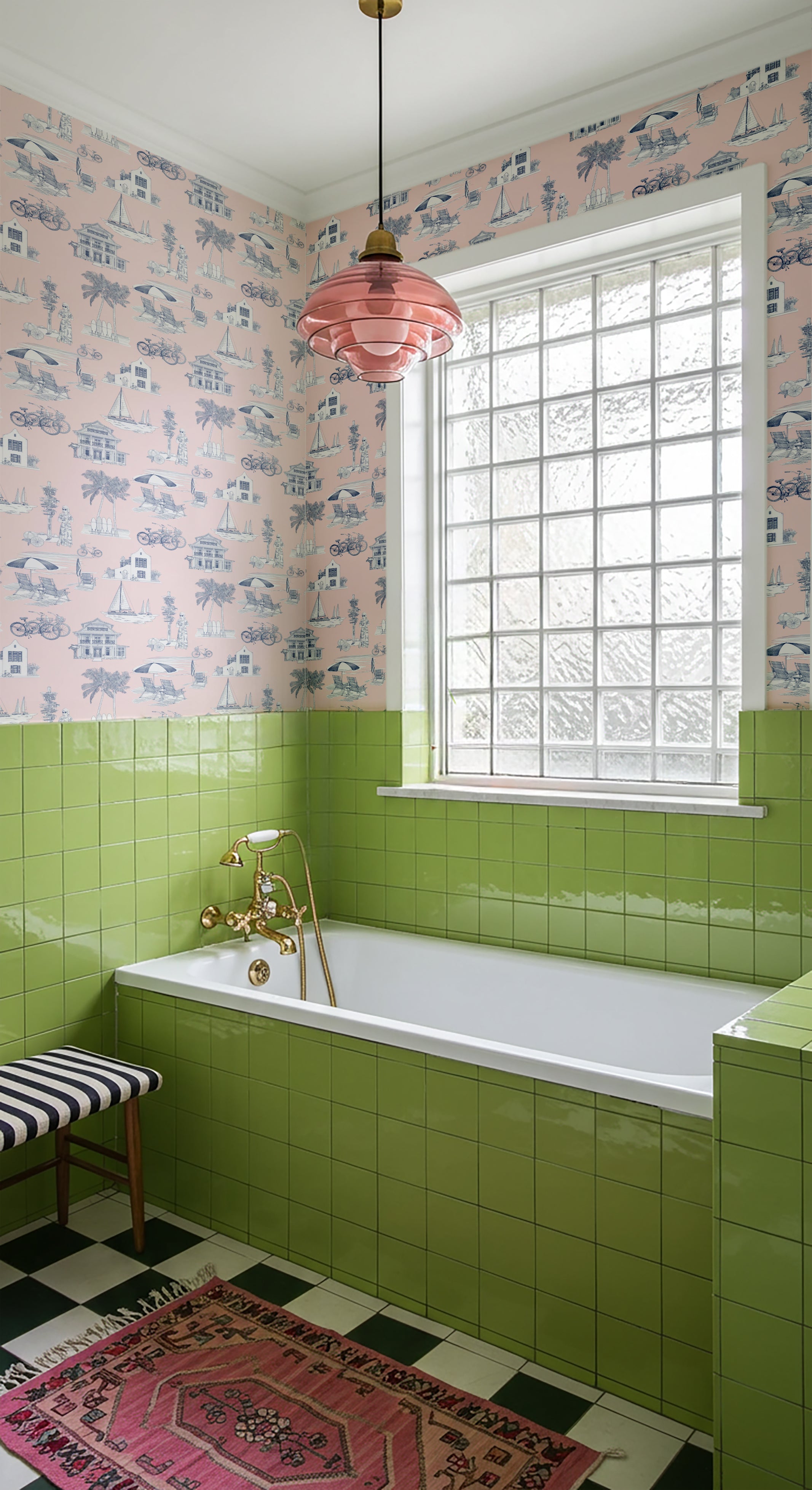 Florida Toile Peel and Stick Wallpaper in pink navy color - pattern number KK706_Pink_Navy_KH306 - by Katie Kime in the  collection