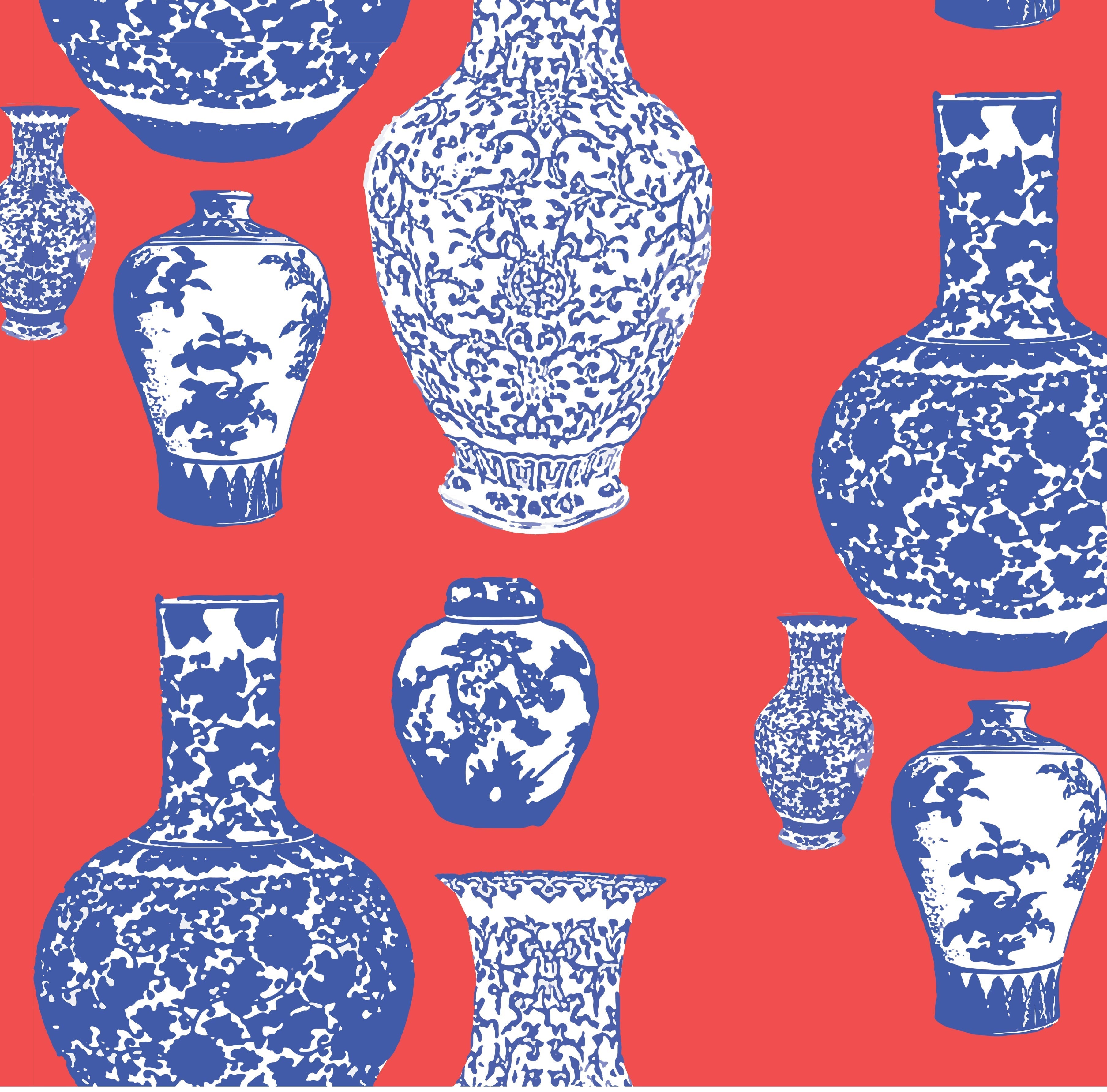 Ginger Jars Wallpaper in Red Blue color - pattern number KK17006_Red_Blue_KH300 - by Katie Kime in the collection