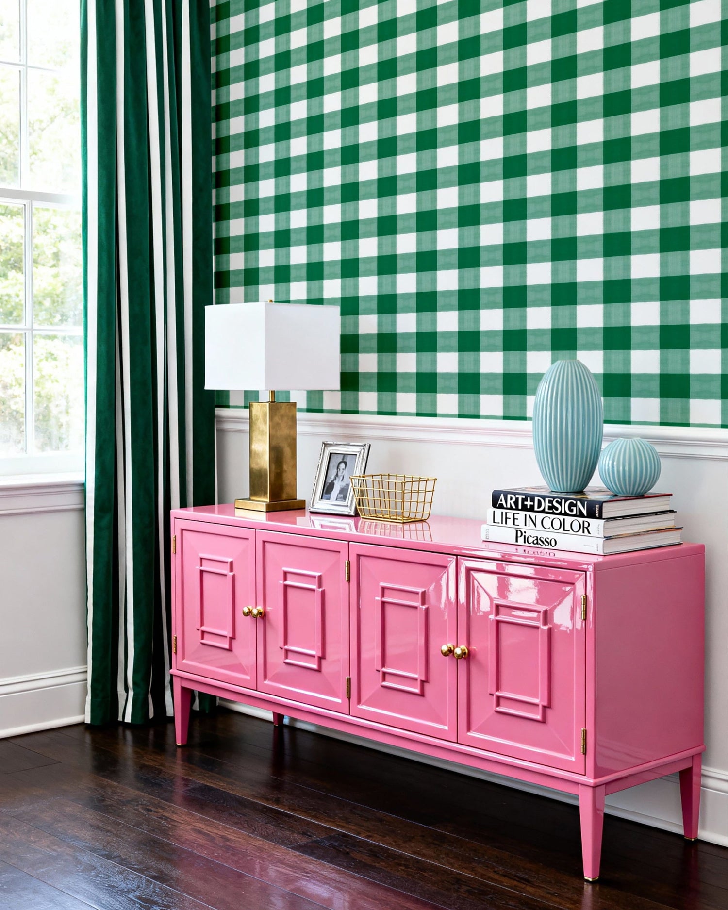 Gingham Large Scale Peel and Stick Wallpaper in hunter color - pattern number KK799_Hunter_KH306 - by Katie Kime in the  collection
