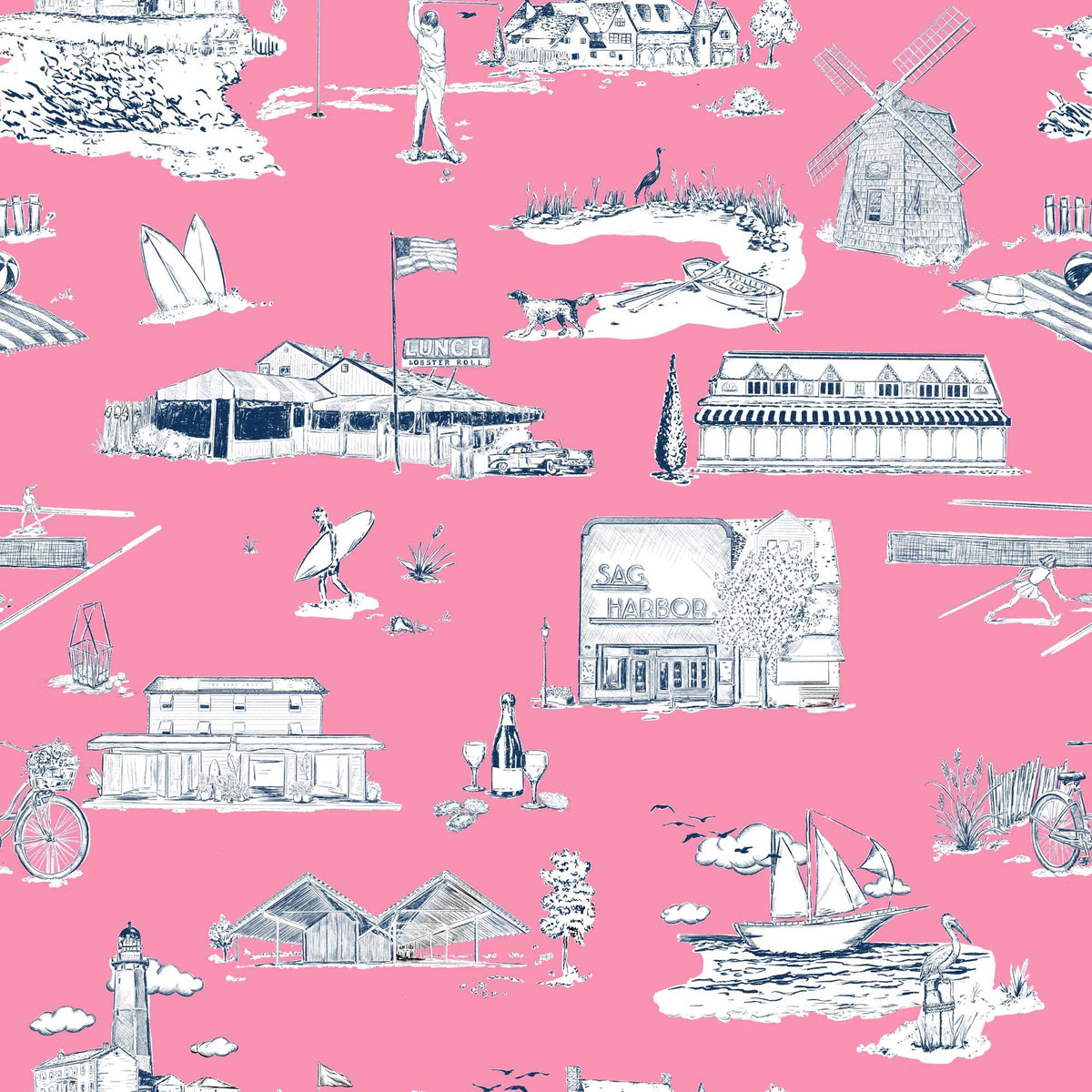 Hamptons Toile Wallpaper in Berry Navy color - pattern number KK759_Berry_Navy_KH300 - by Katie Kime in the collection