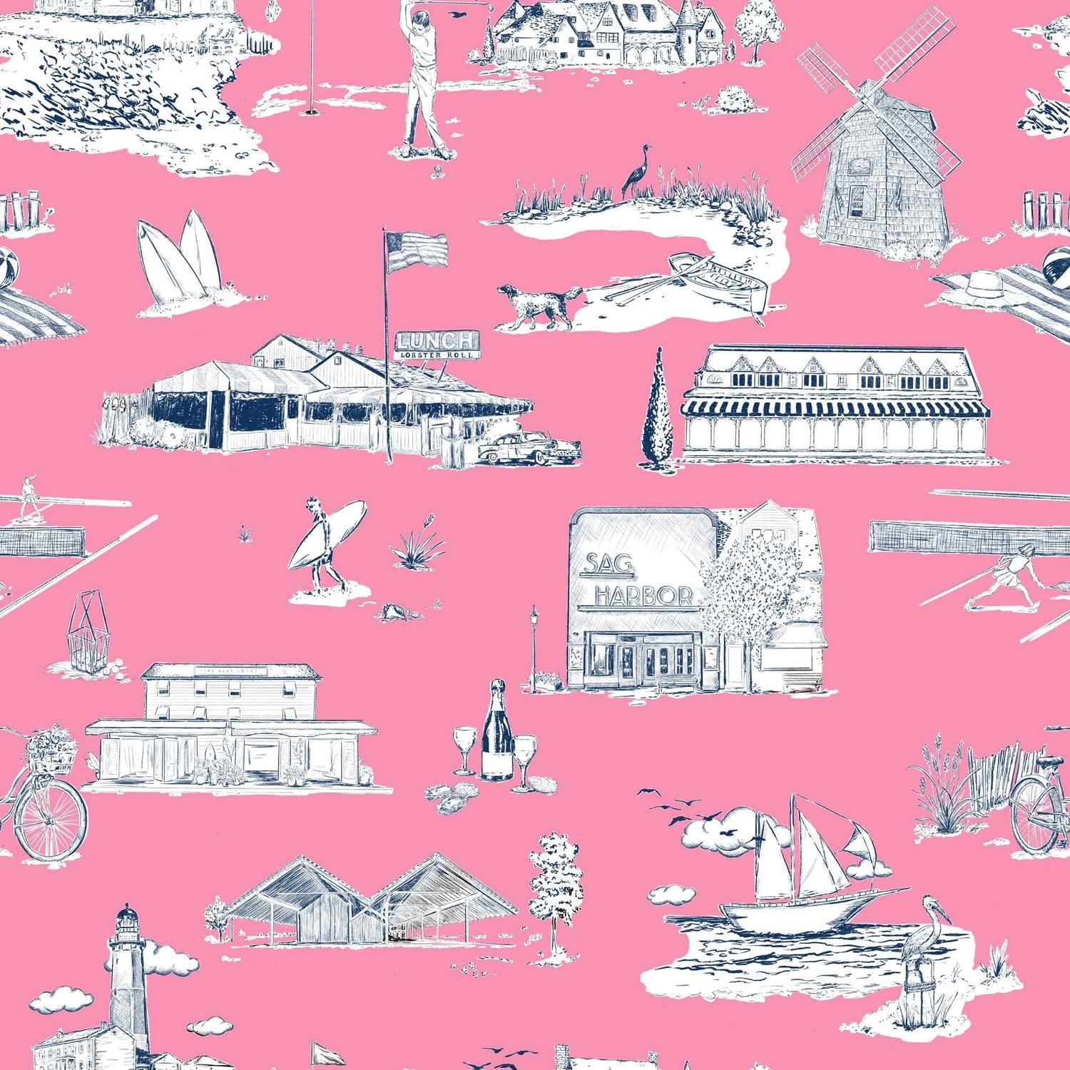 Hamptons Toile Wallpaper in berry navy color - pattern number KK759_Berry_Navy_KH300 - by Katie Kime in the  collection