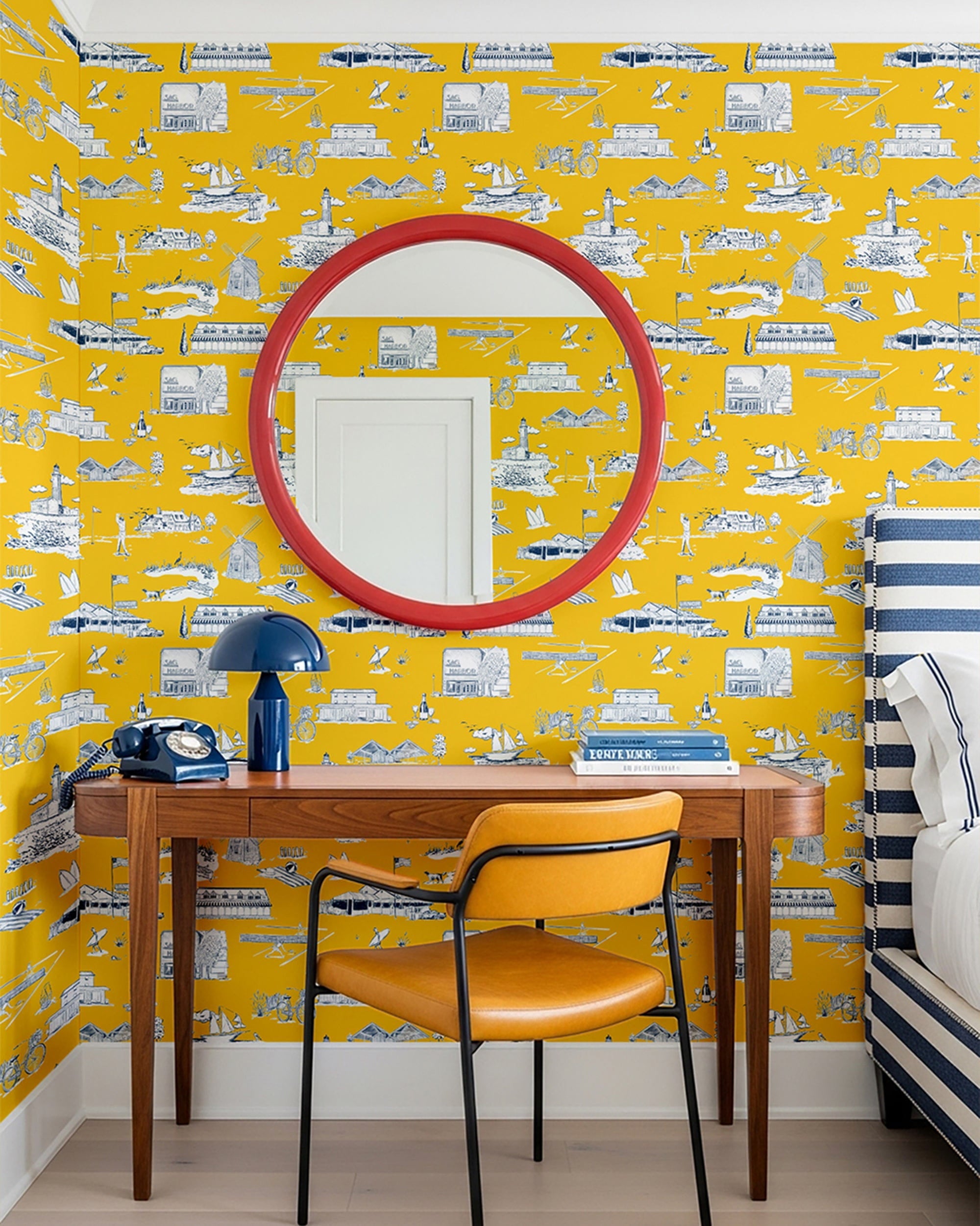 Hamptons Toile Peel and Stick Wallpaper in yellow navy color - pattern number KK579_Yellow_Navy_KH306 - by Katie Kime in the  collection