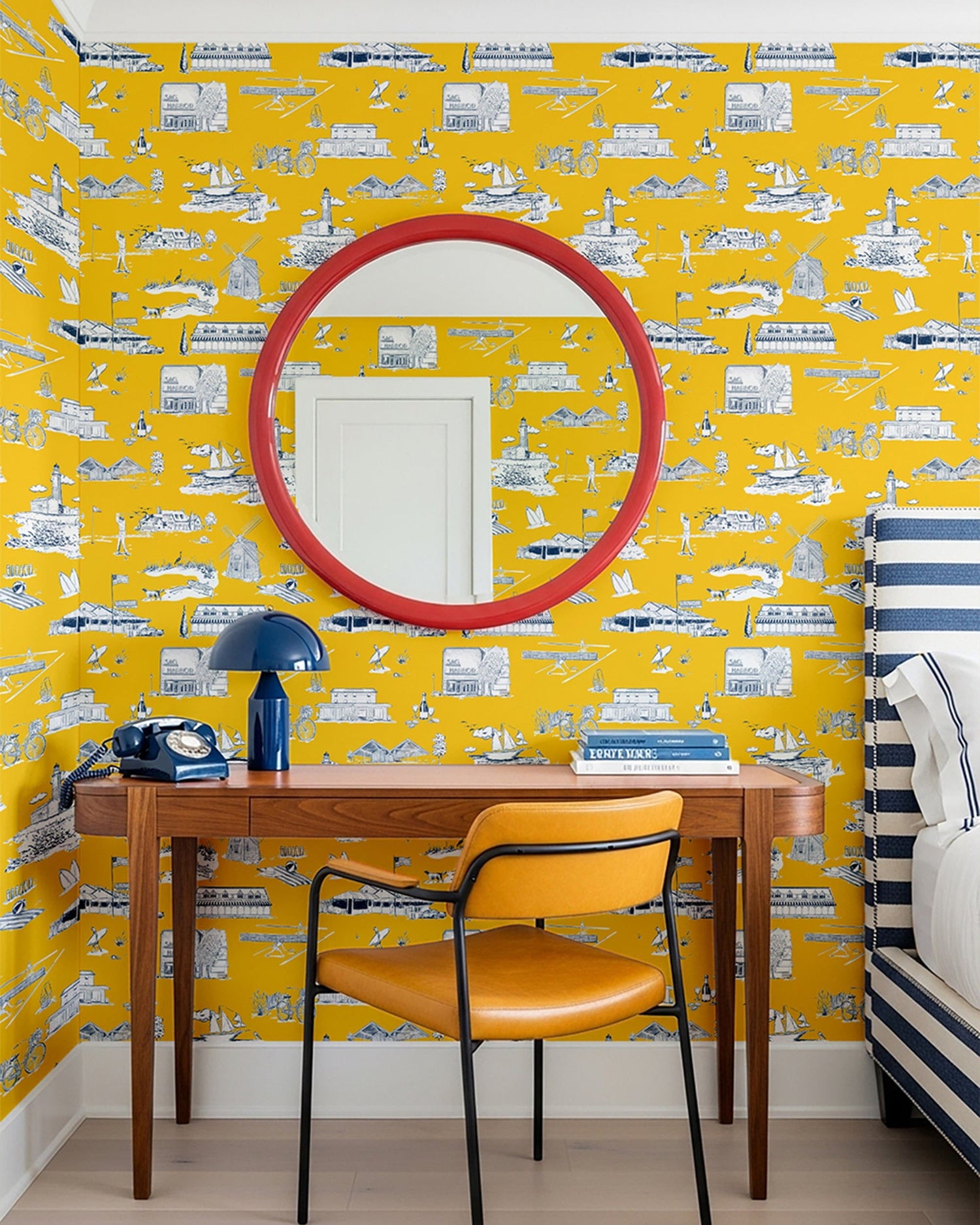 Hamptons Toile Peel and Stick Wallpaper in yellow navy color - pattern number KK579_Yellow_Navy_KH306 - by Katie Kime in the  collection