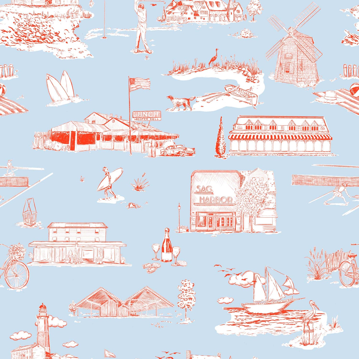 Hamptons Toile Peel and Stick Wallpaper in light blue red color - pattern number KK759_Light_Blue_Red_KH306 - by Katie Kime in the  collection